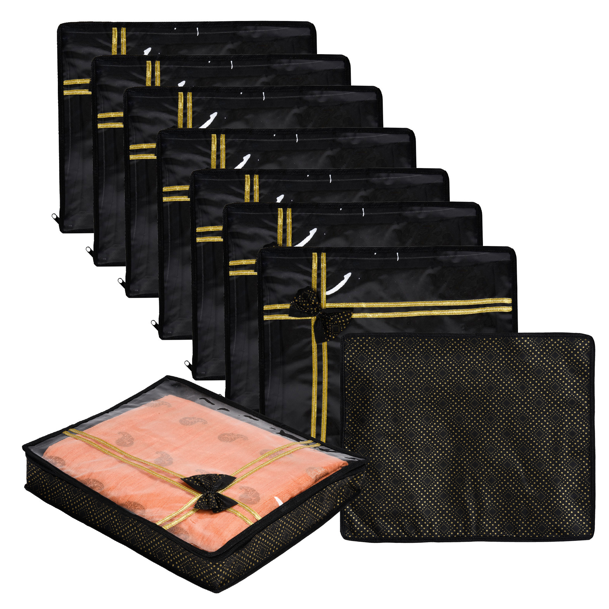 Kuber Industries Saree Storage Bag | Clothes Storage Bag | Wardrobe Storage Bag | Cloth Storage Organizer | Top Visible Window Saree Bag | Bow Golden Dot-Print | 3 Inch |Black