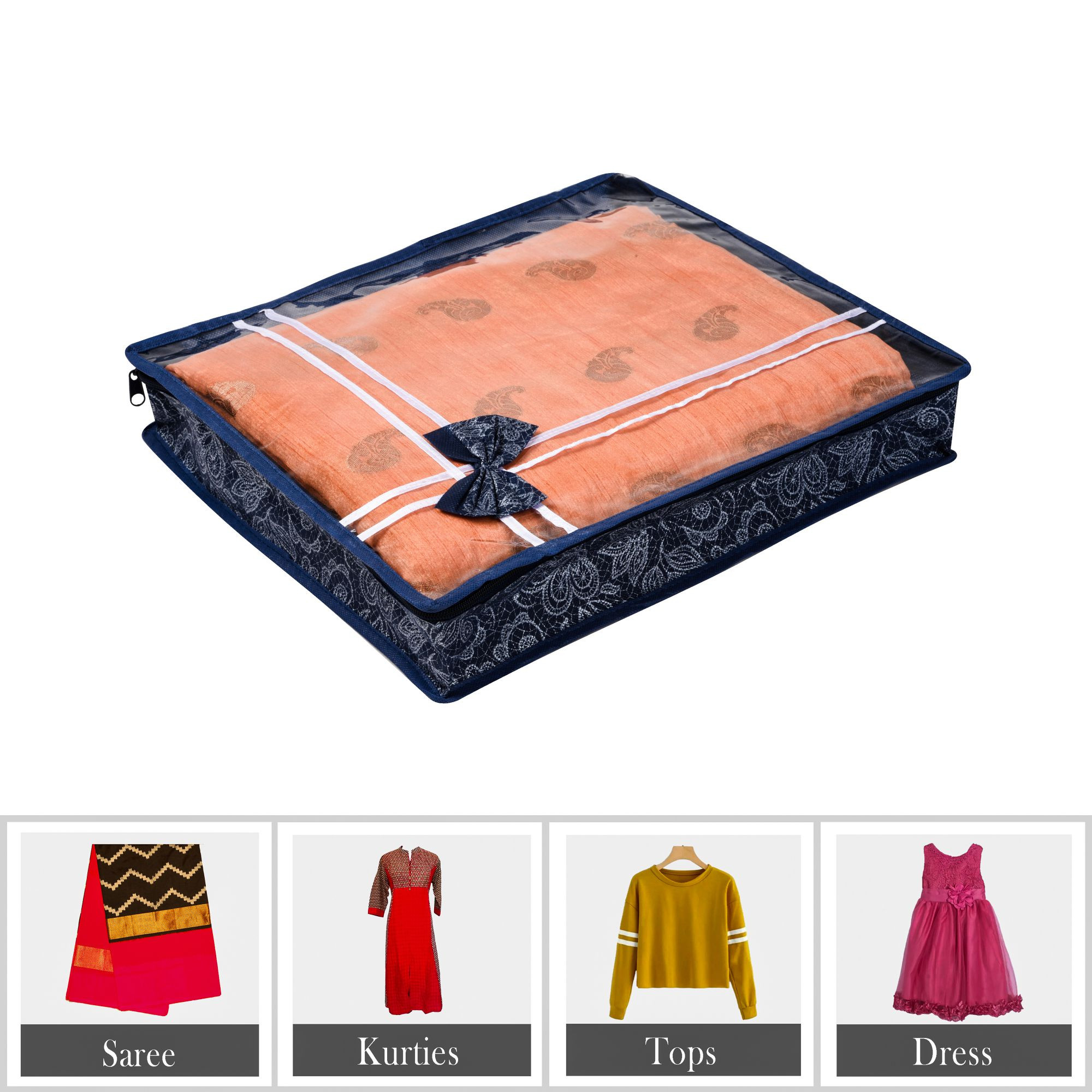 Kuber Industries Saree Storage Bag | Clothes Storage Bag | Wardrobe Storage Bag | Cloth Storage Organizer | Top Visible Window Saree Bag | Bow Flower-Printed | 3 Inch |Navy Blue