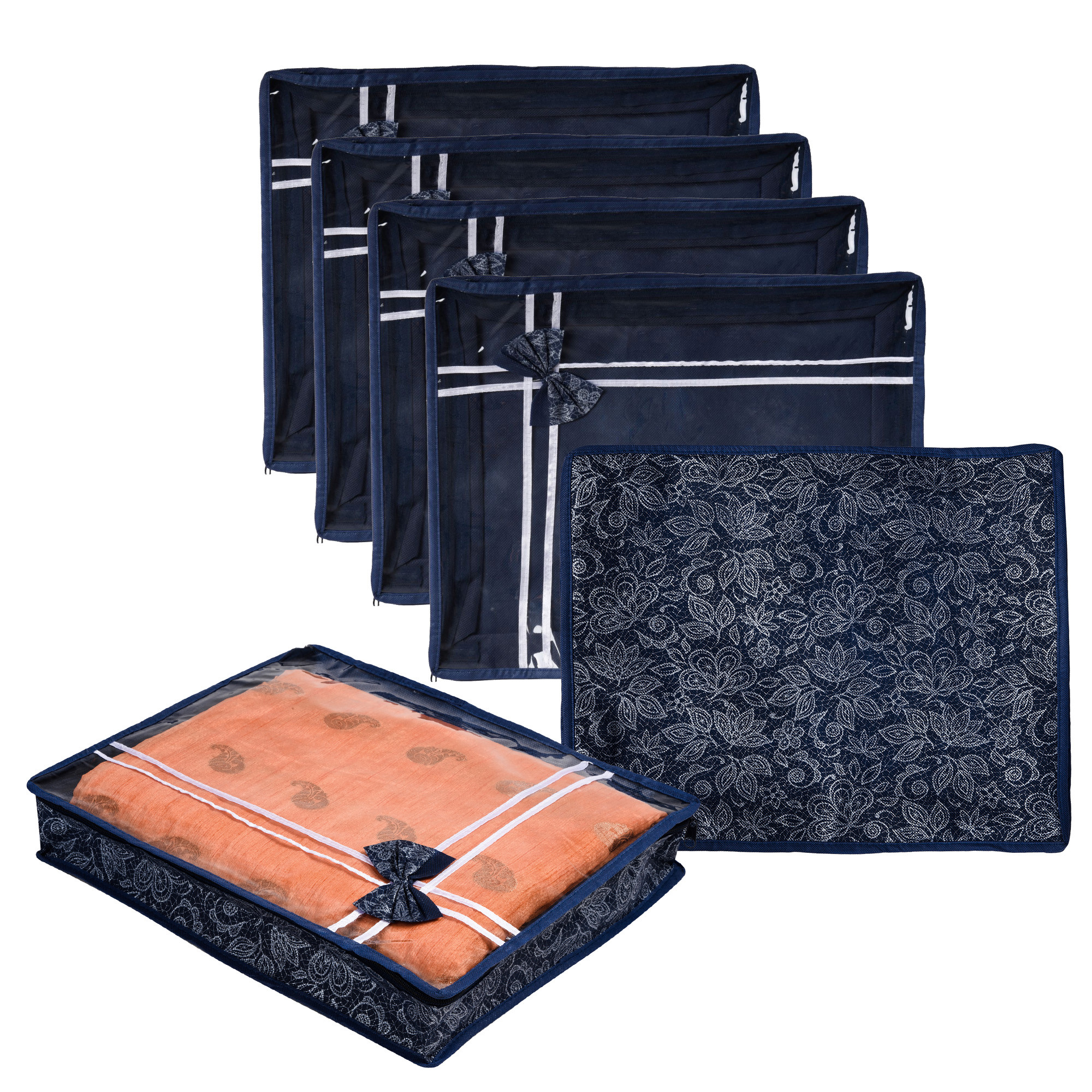 Kuber Industries Saree Storage Bag | Clothes Storage Bag | Wardrobe Storage Bag | Cloth Storage Organizer | Top Visible Window Saree Bag | Bow Flower-Printed | 3 Inch |Navy Blue