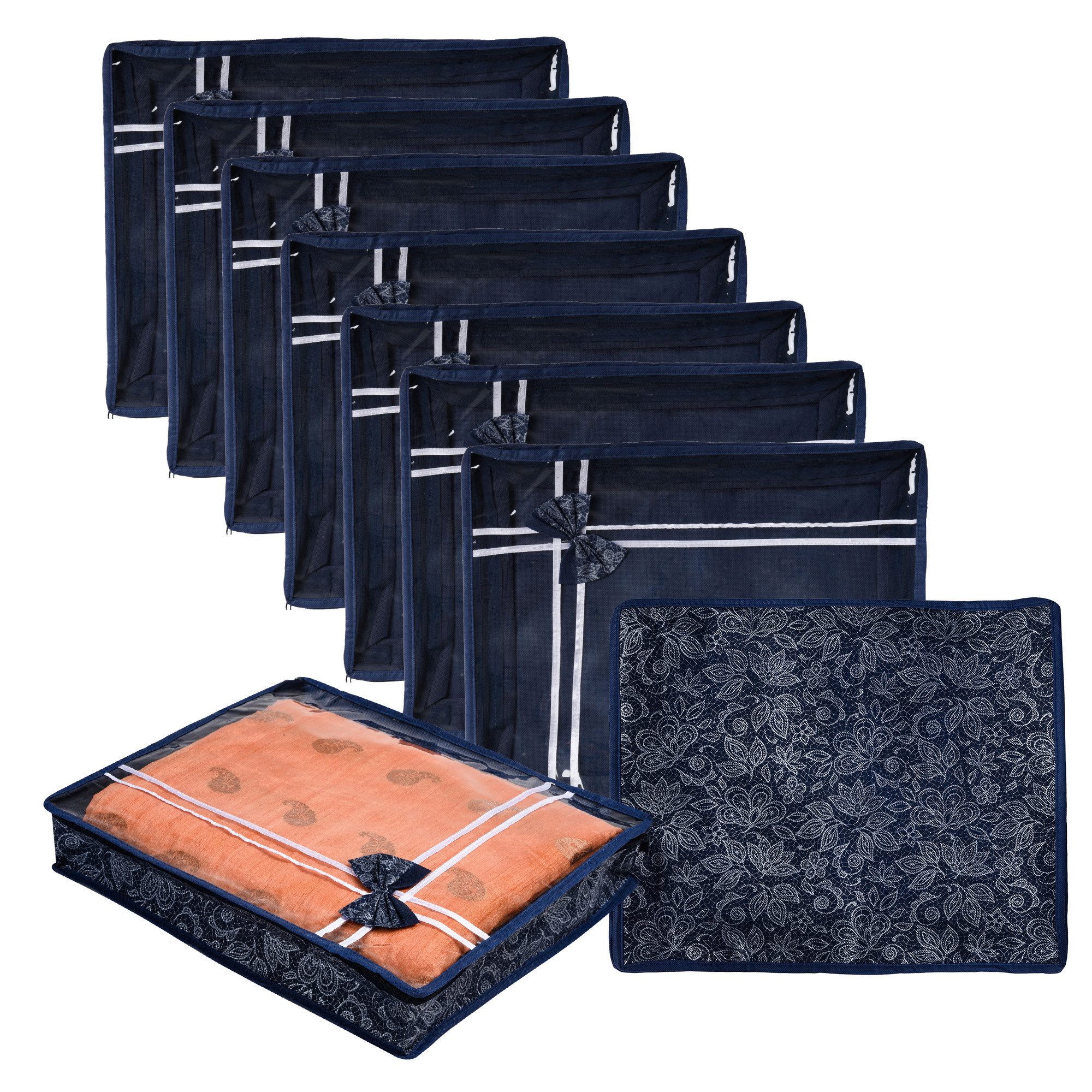 Kuber Industries Saree Storage Bag | Clothes Storage Bag | Wardrobe Storage Bag | Cloth Storage Organizer | Top Visible Window Saree Bag | Bow Flower-Printed | 3 Inch |Navy Blue