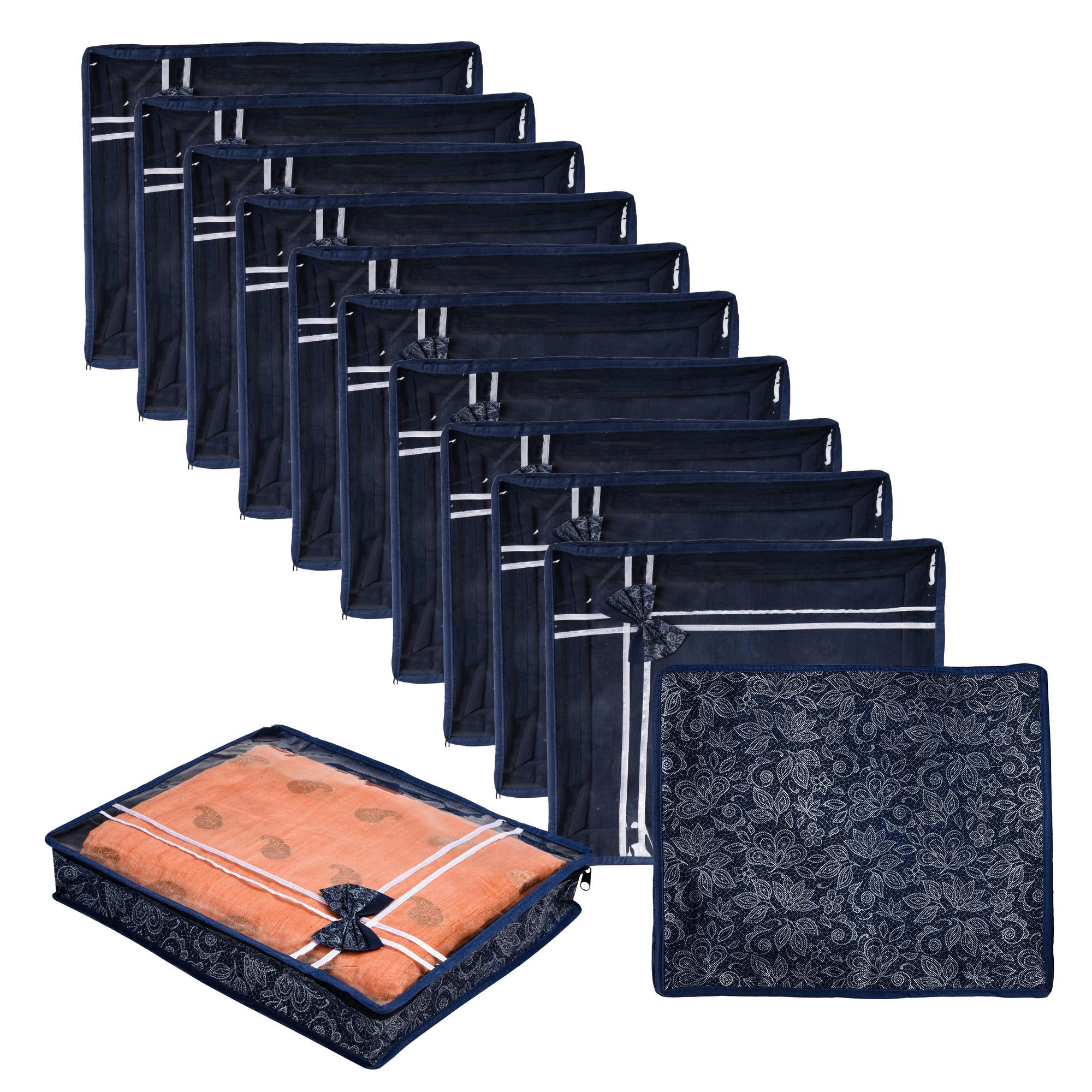 Kuber Industries Saree Storage Bag | Clothes Storage Bag | Wardrobe Storage Bag | Cloth Storage Organizer | Top Visible Window Saree Bag | Bow Flower-Printed | 3 Inch |Navy Blue