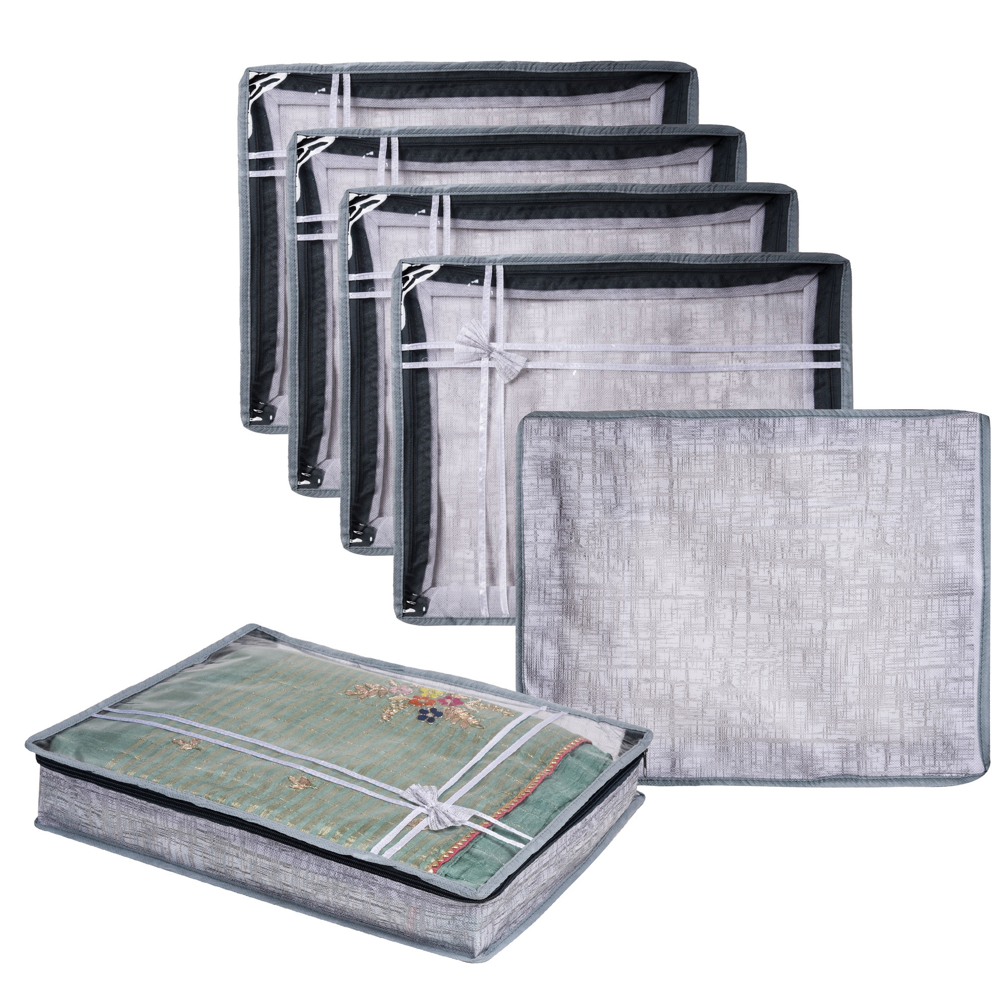 Kuber Industries Saree Storage Bag | Clothes Storage Bag | Wardrobe Storage Bag | Cloth Storage Organizer | Top Visible Window Saree Bag | Bow Jute-Printed | 3 Inch |Gray