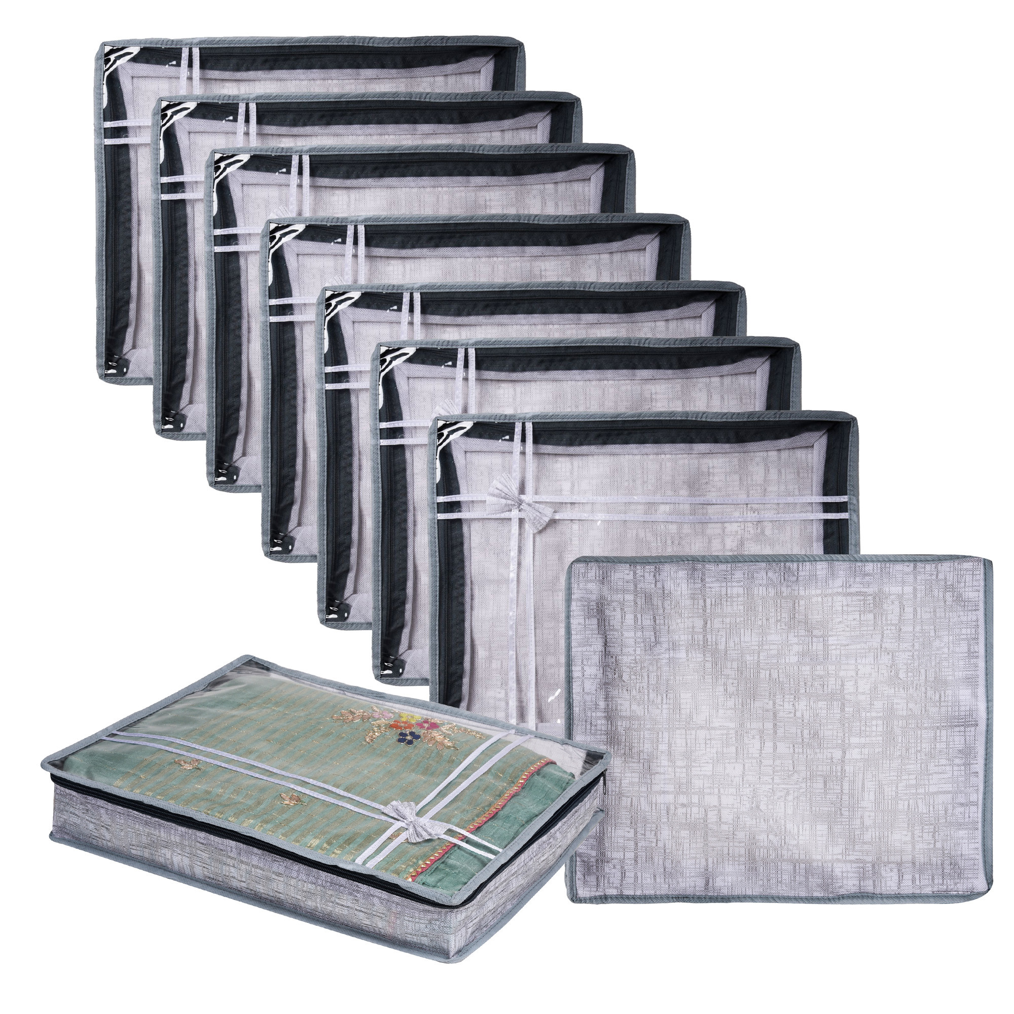 Kuber Industries Saree Storage Bag | Clothes Storage Bag | Wardrobe Storage Bag | Cloth Storage Organizer | Top Visible Window Saree Bag | Bow Jute-Printed | 3 Inch |Gray