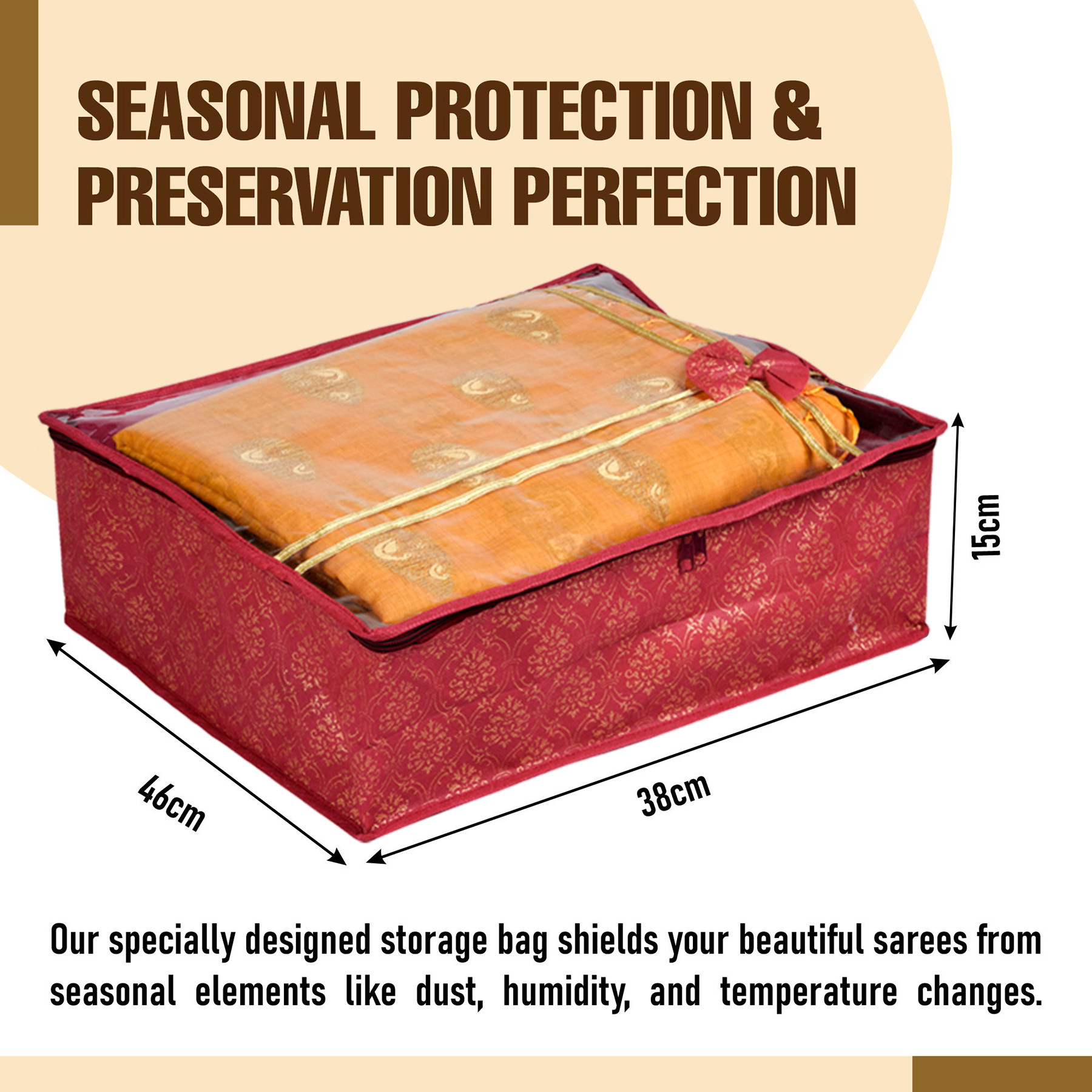 Kuber Industries Saree Storage Bag | Clothes Storage Bag | Wardrobe Storage Bag | Cloth Storage Organizer | Top Visible Window Saree Bag | Bow Golden Printed | 6 Inch |Maroon