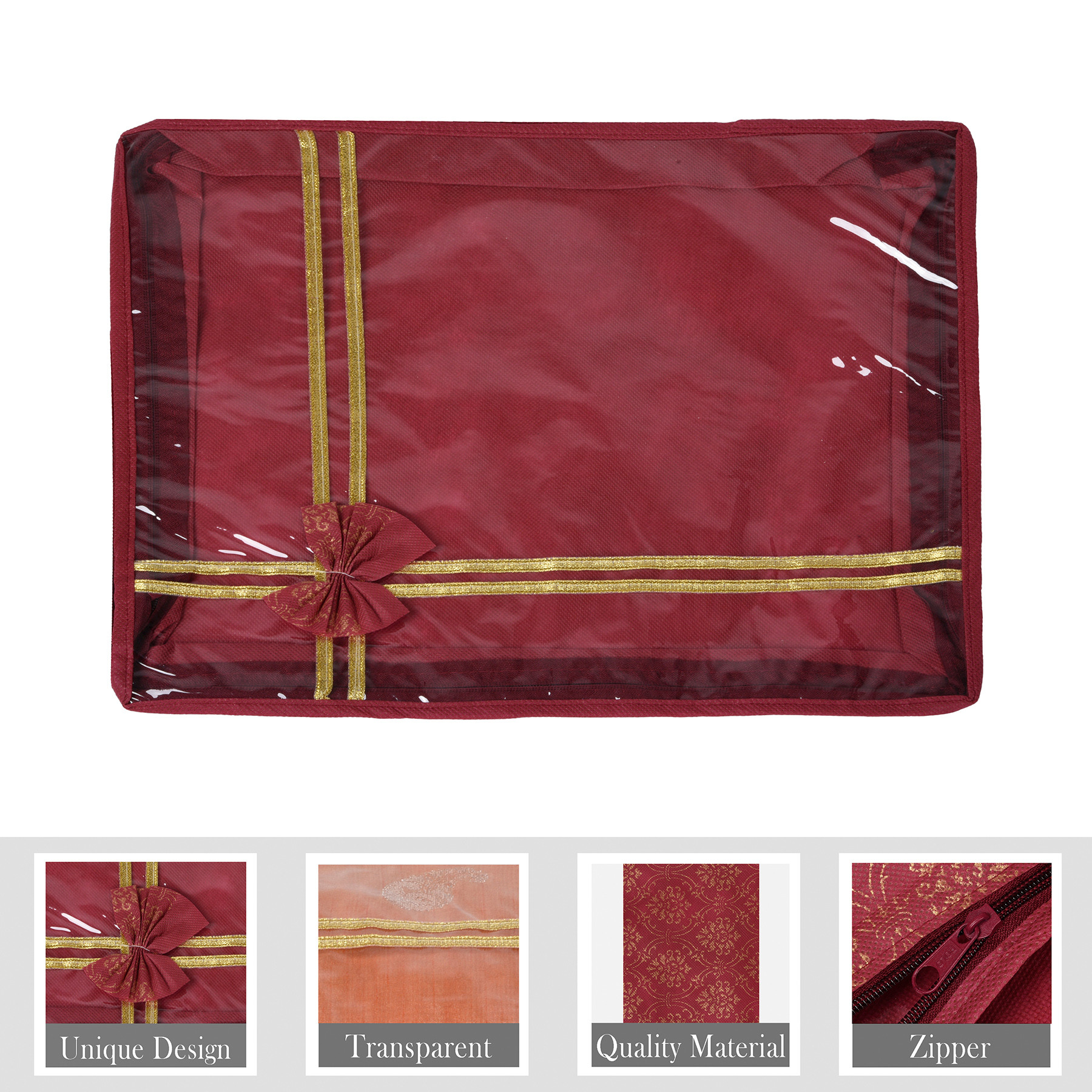 Kuber Industries Saree Storage Bag | Clothes Storage Bag | Wardrobe Storage Bag | Cloth Storage Organizer | Top Visible Window Saree Bag | Bow Golden Printed | 6 Inch |Maroon