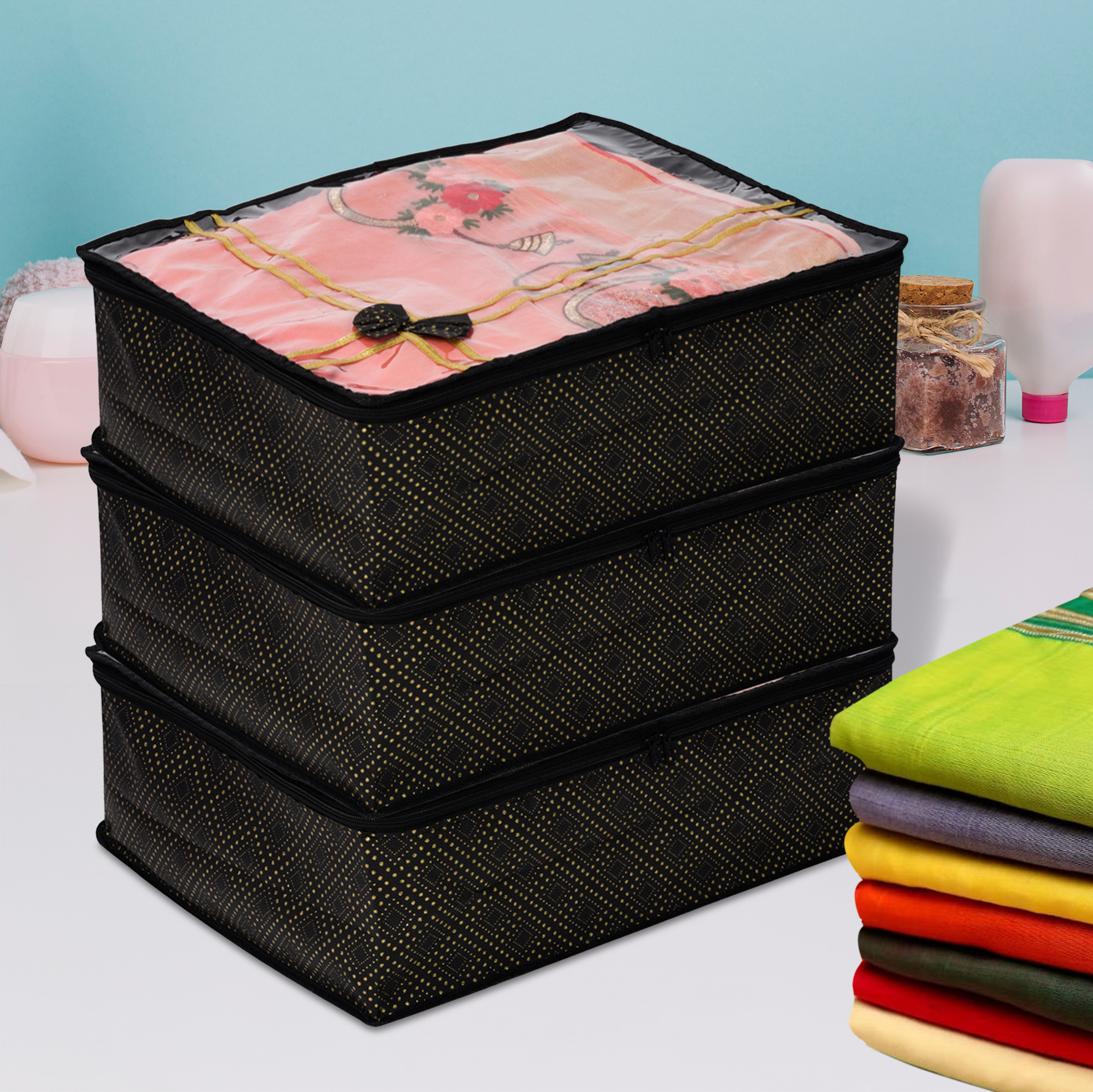 Kuber Industries Saree Storage Bag | Clothes Storage Bag | Wardrobe Storage Bag | Cloth Storage Organizer | Top Visible Window Saree Bag | Bow Golden Dot | 6 Inch |Black