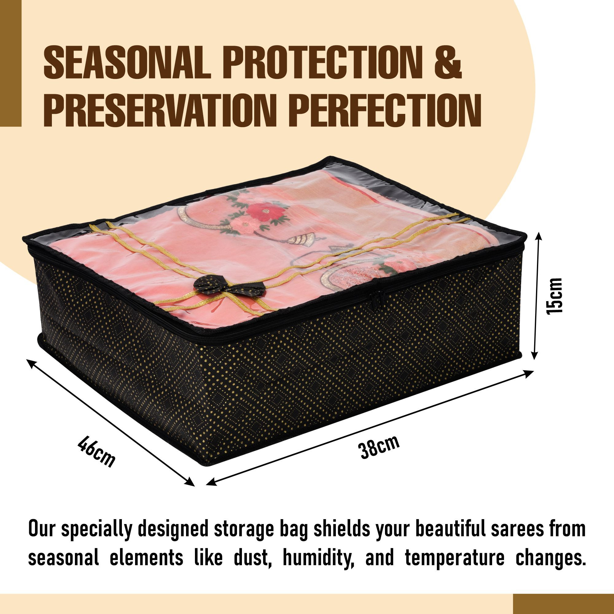 Kuber Industries Saree Storage Bag | Clothes Storage Bag | Wardrobe Storage Bag | Cloth Storage Organizer | Top Visible Window Saree Bag | Bow Golden Dot | 6 Inch |Black
