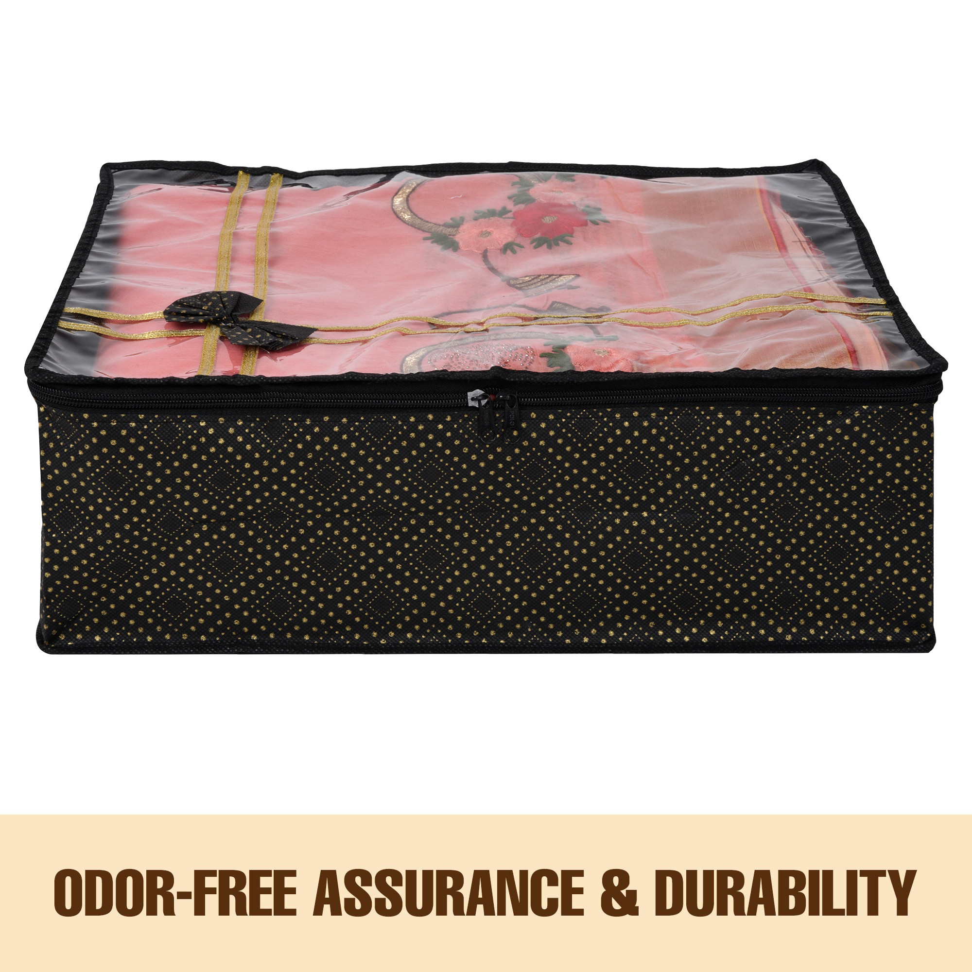 Kuber Industries Saree Storage Bag | Clothes Storage Bag | Wardrobe Storage Bag | Cloth Storage Organizer | Top Visible Window Saree Bag | Bow Golden Dot | 6 Inch |Black