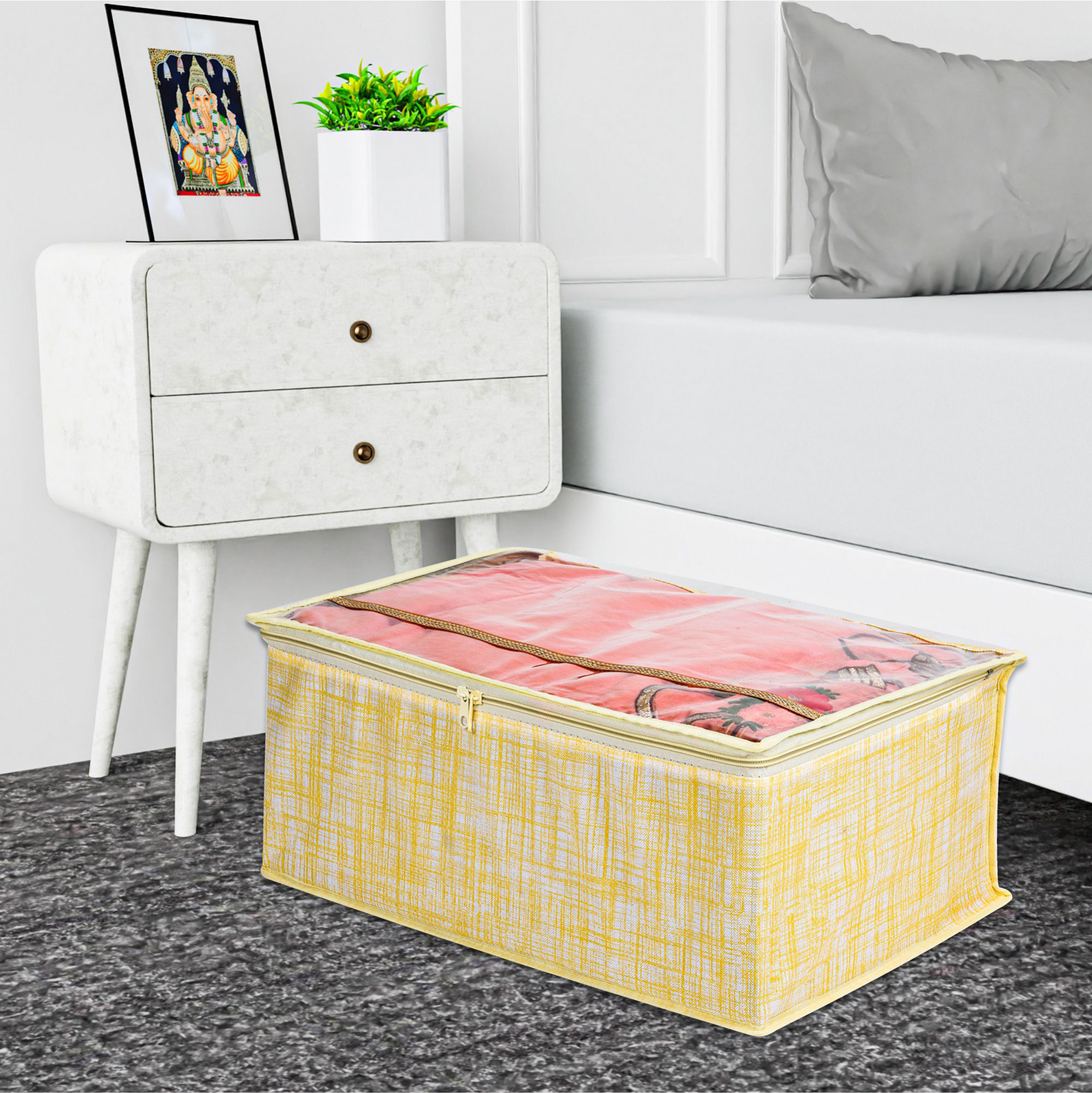 Kuber Industries Saree Storage Bag | Clothes Storage Bag | Wardrobe Storage Bag | Cloth Storage Organizer | Top Visible Window Saree Bag | Jute-Printed | 9 Inch |Yellow