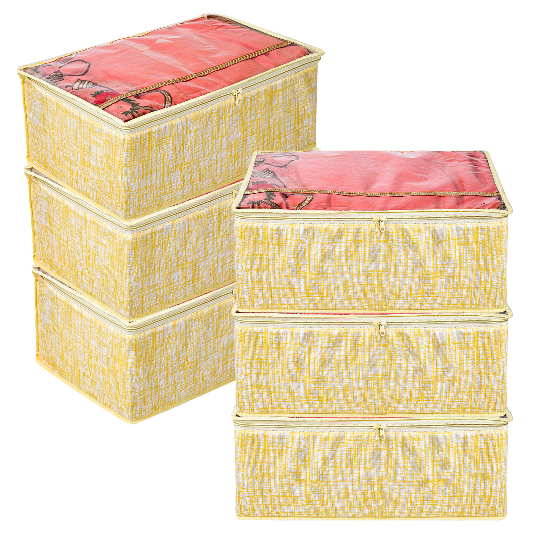 Kuber Industries Saree Storage Bag | Clothes Storage Bag | Wardrobe Storage Bag | Cloth Storage Organizer | Top Visible Window Saree Bag | Jute-Printed | 9 Inch |Yellow