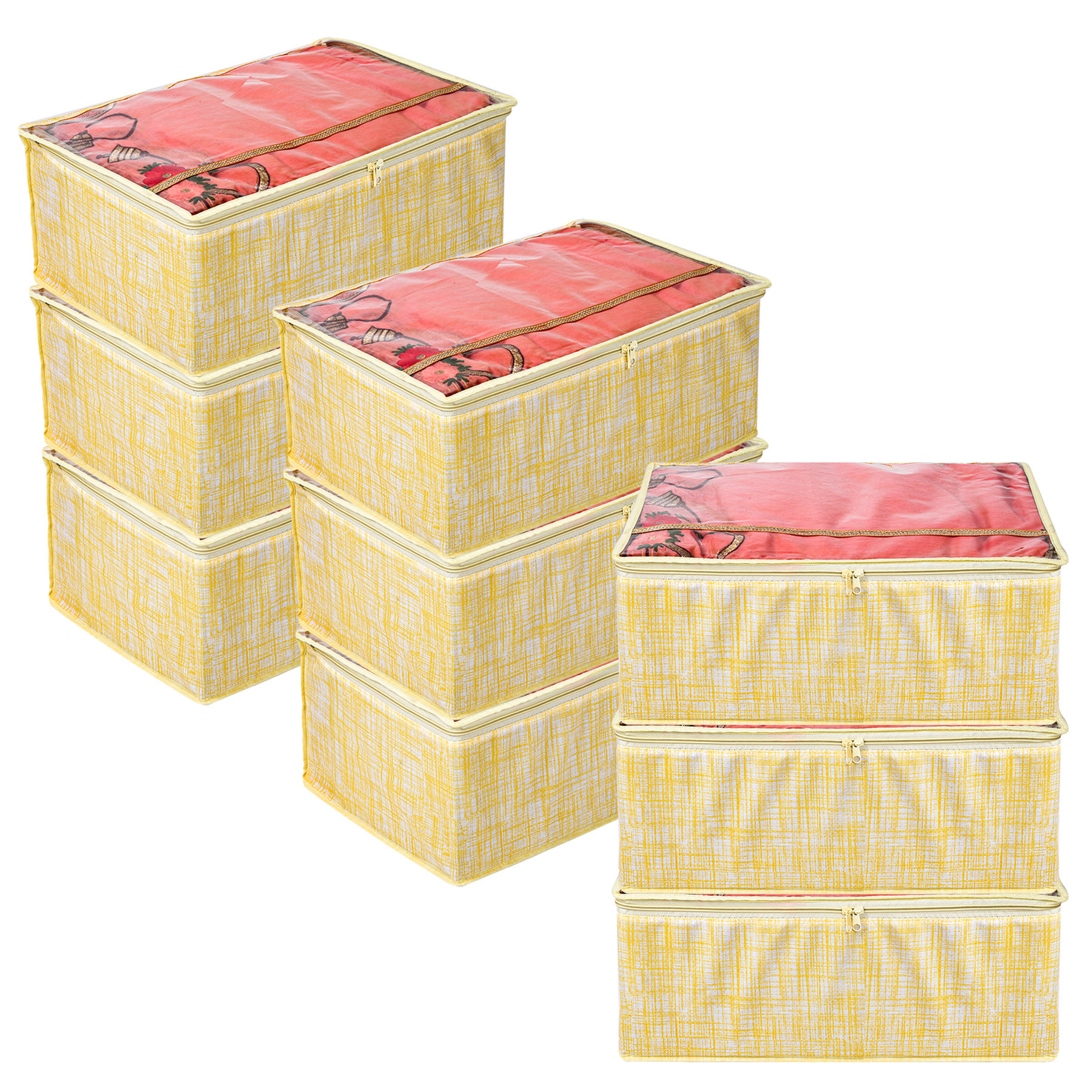 Kuber Industries Saree Storage Bag | Clothes Storage Bag | Wardrobe Storage Bag | Cloth Storage Organizer | Top Visible Window Saree Bag | Jute-Printed | 9 Inch |Yellow