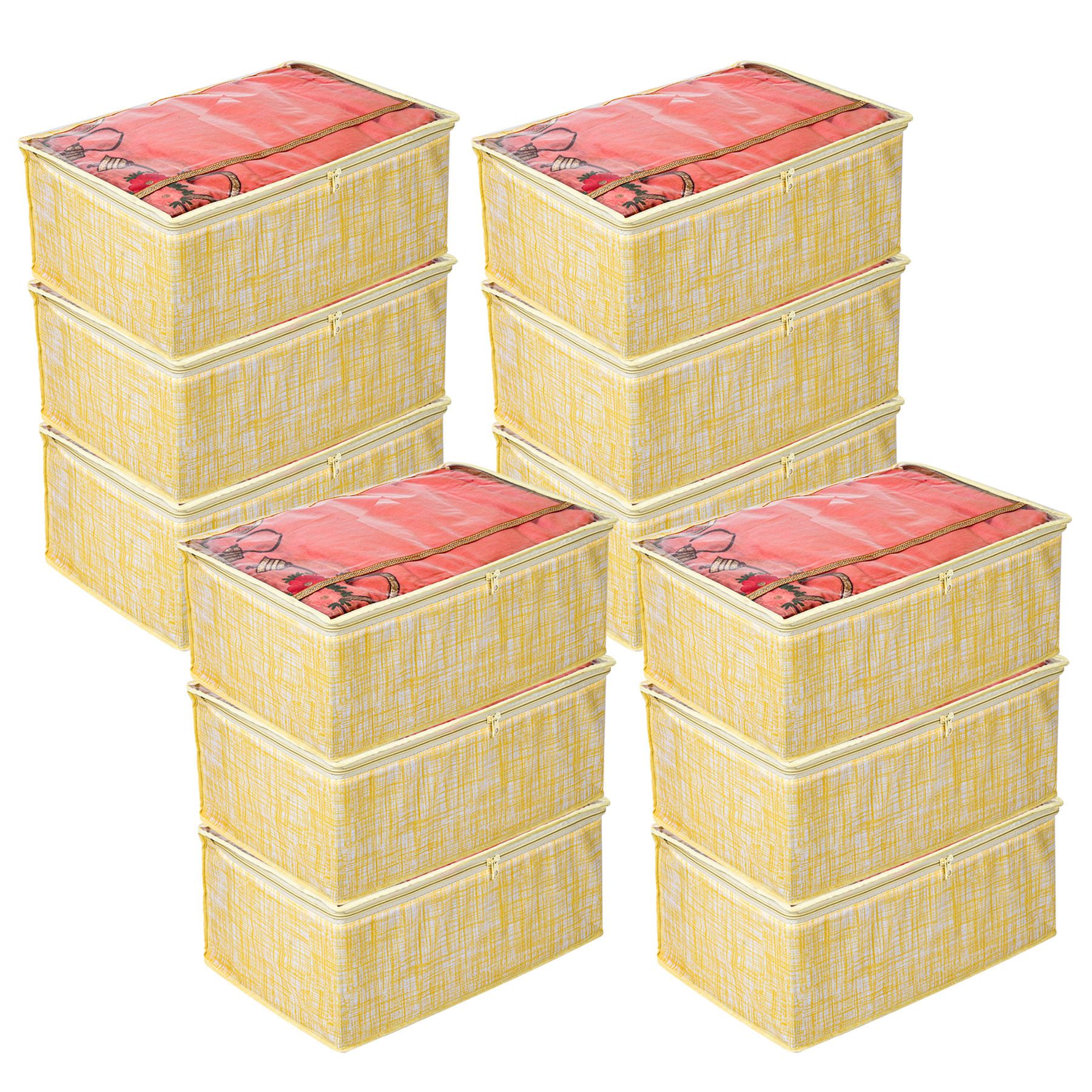 Kuber Industries Saree Storage Bag | Clothes Storage Bag | Wardrobe Storage Bag | Cloth Storage Organizer | Top Visible Window Saree Bag | Jute-Printed | 9 Inch |Yellow