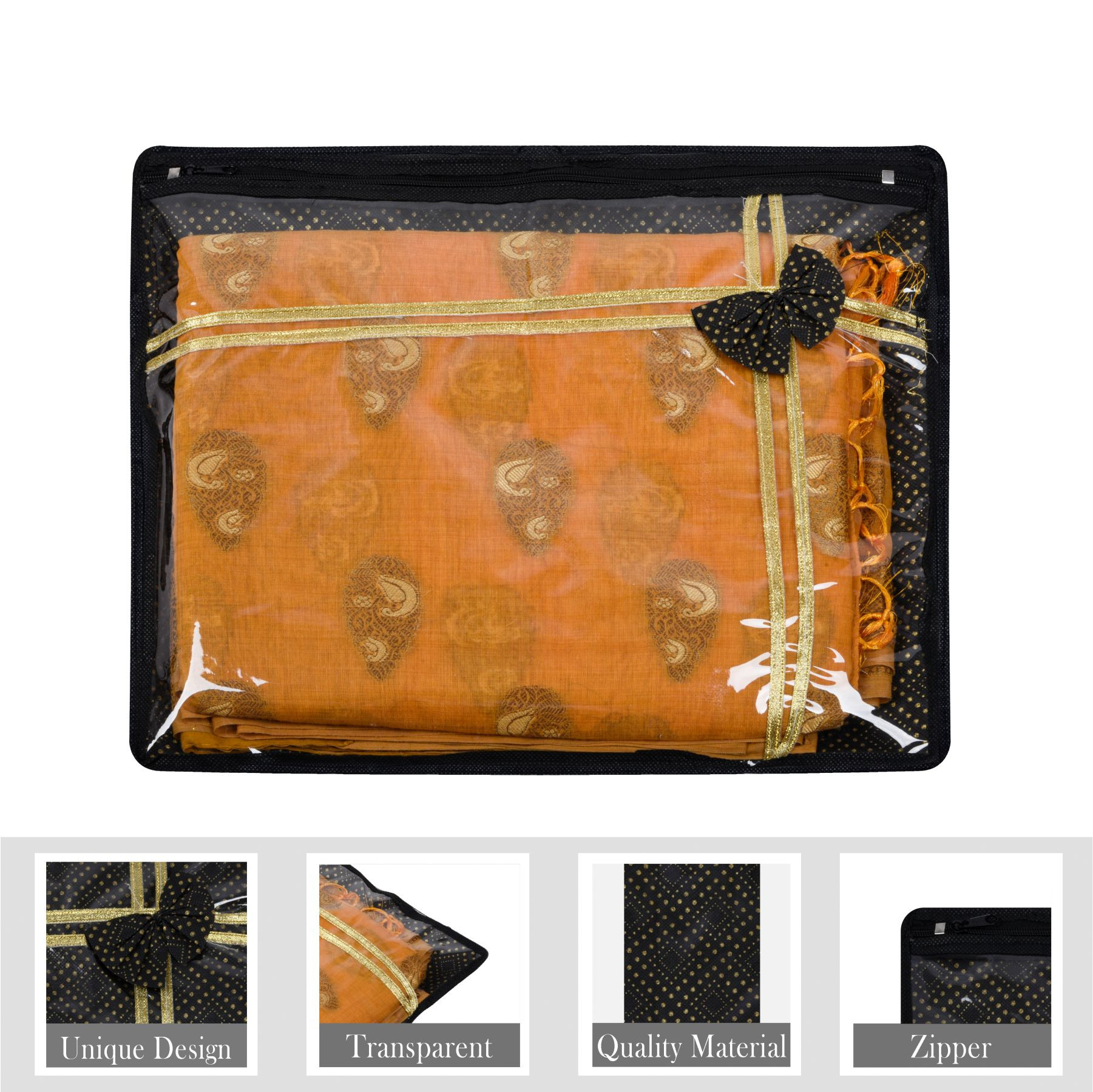 Kuber Industries Saree Storage Bag  Clothes Storage Bag  Wardrobe Storage Bag  Single Packing Cloth Storage Bag  Top Visible Window Saree Bag  Bow Golden Dot  Pack of 6  Black