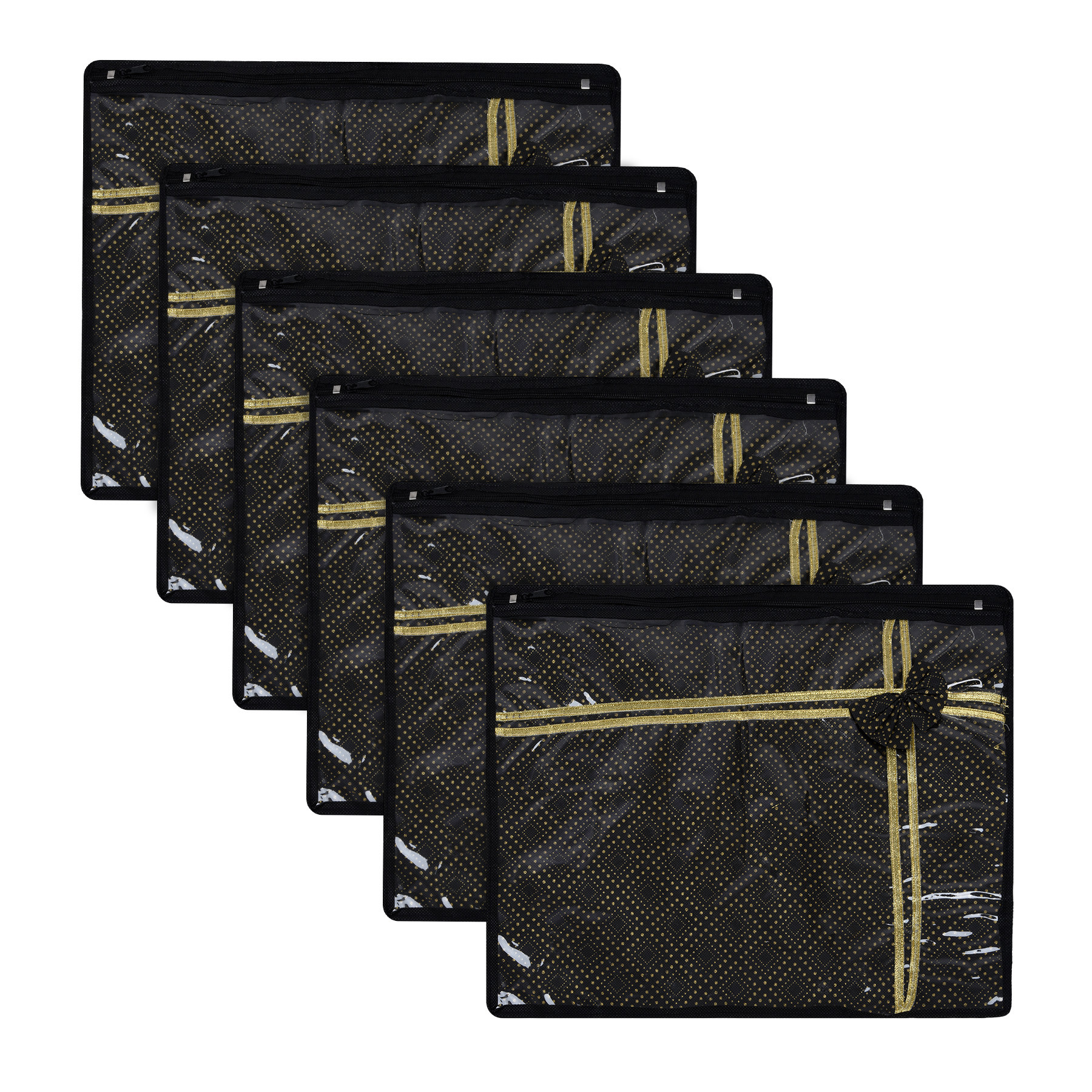 Kuber Industries Saree Storage Bag | Clothes Storage Bag | Wardrobe Storage Bag | Single Packing Cloth Storage Bag | Top Visible Window Saree Bag | Bow Golden Dot |Black