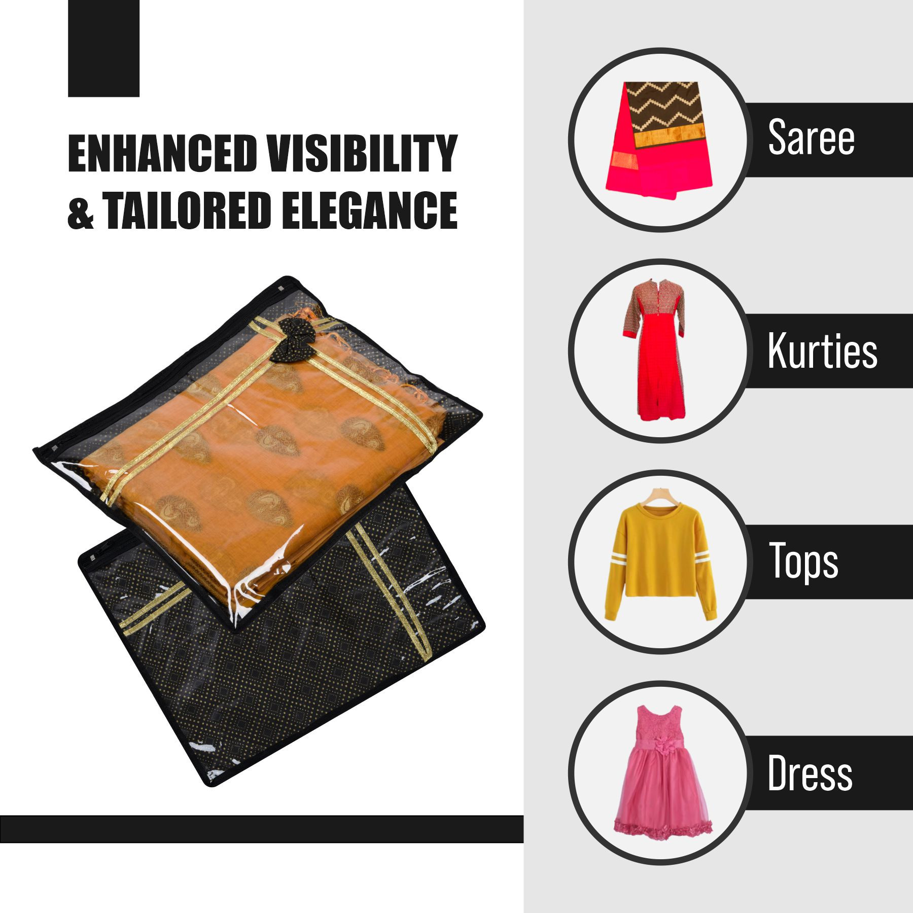 Kuber Industries Saree Storage Bag | Clothes Storage Bag | Wardrobe Storage Bag | Single Packing Cloth Storage Bag | Top Visible Window Saree Bag | Bow Golden Dot |Black