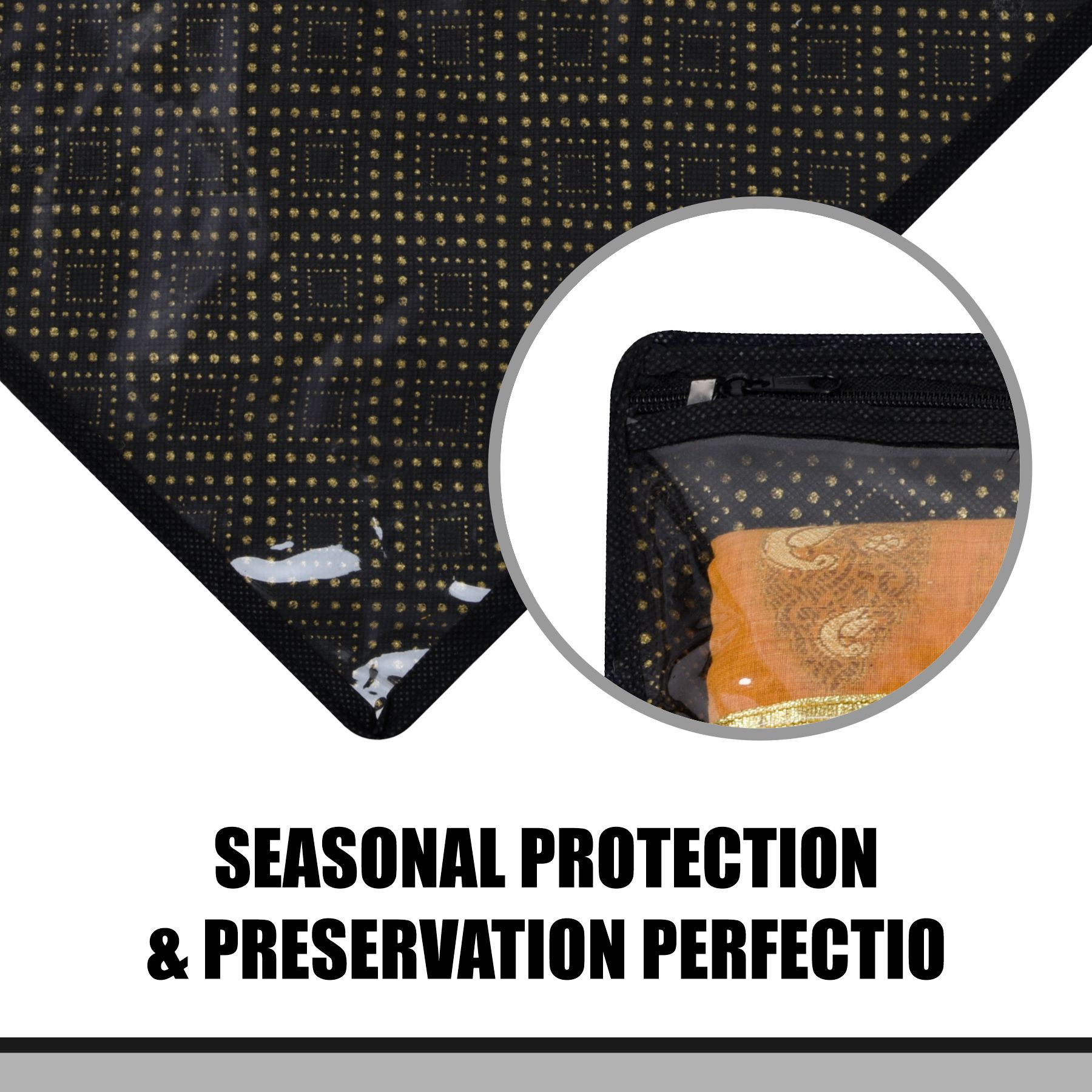 Kuber Industries Saree Storage Bag | Clothes Storage Bag | Wardrobe Storage Bag | Single Packing Cloth Storage Bag | Top Visible Window Saree Bag | Bow Golden Dot |Black