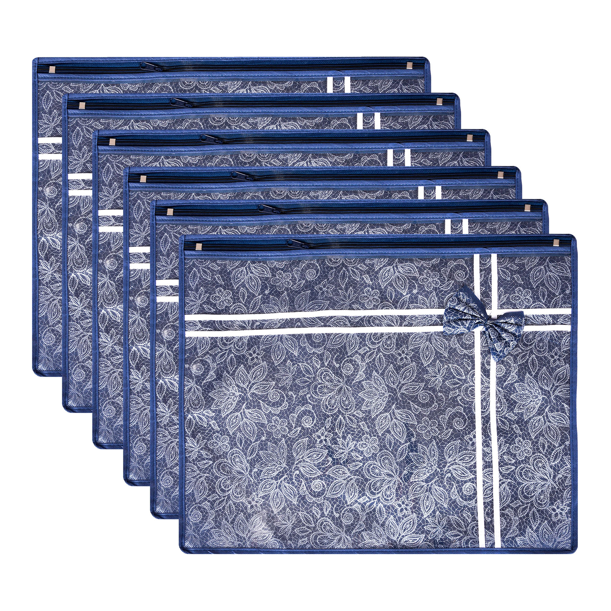 Kuber Industries Saree Storage Bag | Clothes Storage Bag | Wardrobe Storage Bag | Single Packing Cloth Storage Bag | Bow-Top Visible Window Bag | Flower Printed | Navy Blue