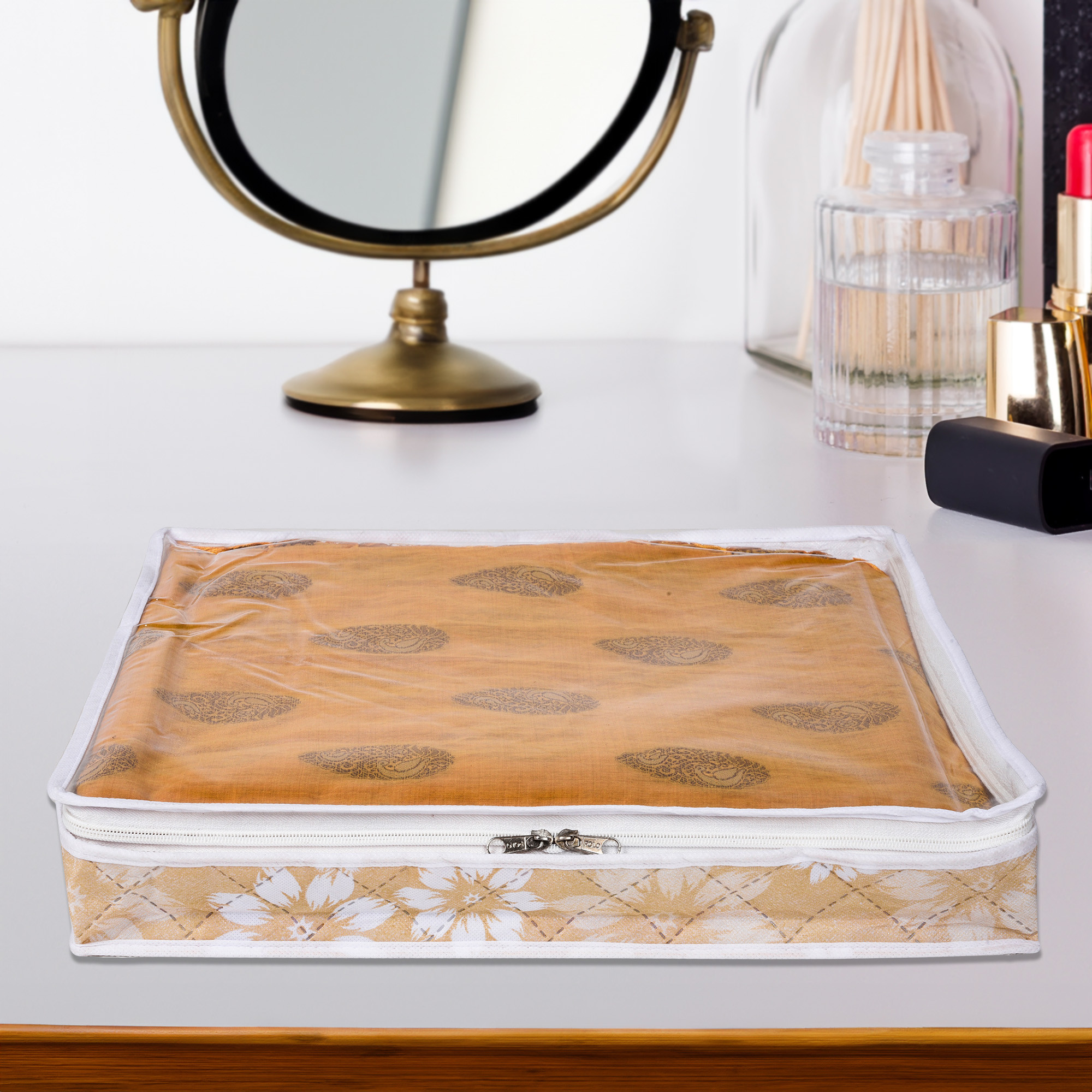 Kuber Industries Saree Storage Bag  Waterproof Saree Bag  Wardrobe Storage Bag  Top Visible Window Saree Bag  Cloth Organizer  Flower Quilted Storage Bag  3 Inch  Pack of 2  Golden