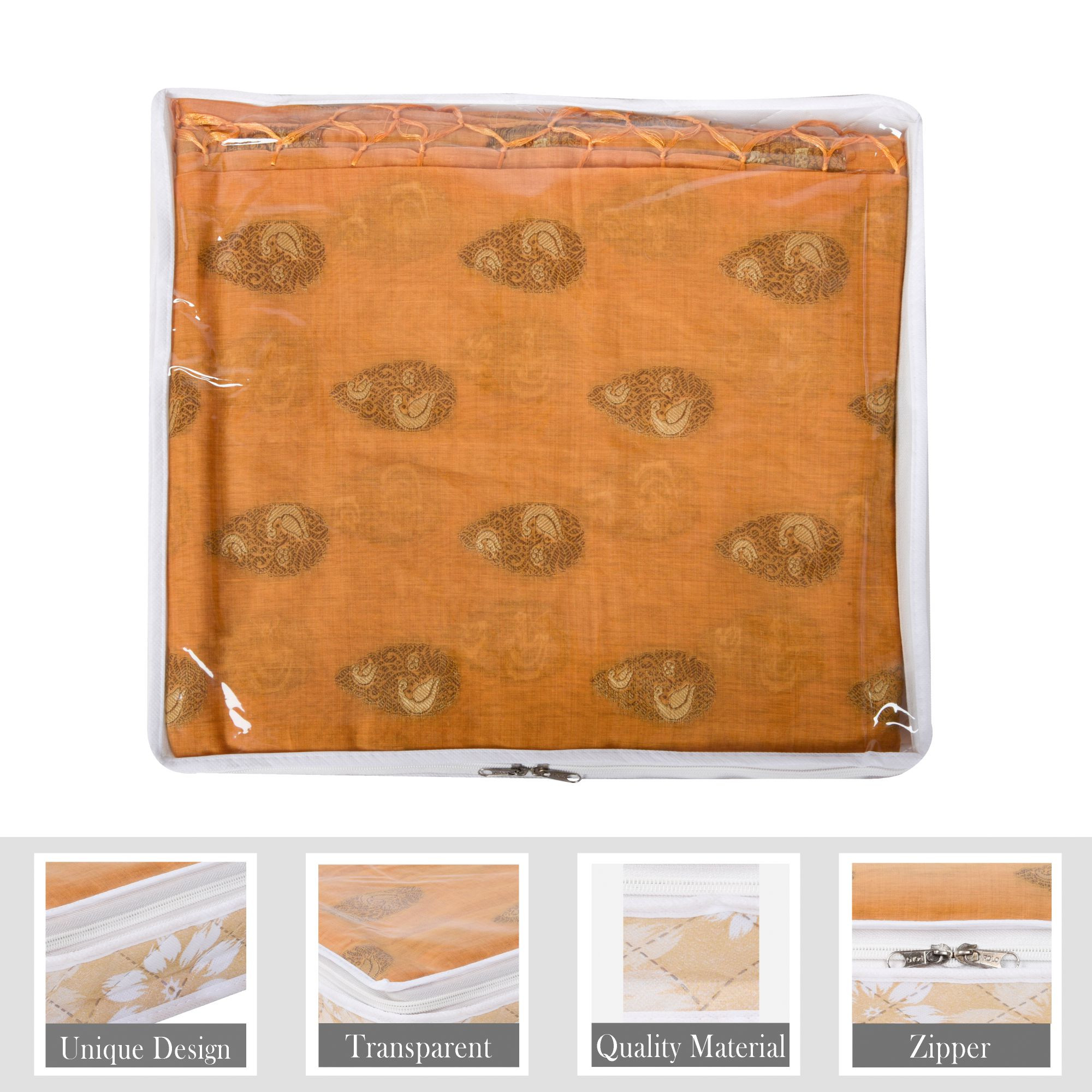 Kuber Industries Saree Storage Bag  Waterproof Saree Bag  Wardrobe Storage Bag  Top Visible Window Saree Bag  Cloth Organizer  Flower Quilted Storage Bag  3 Inch  Pack of 2  Golden