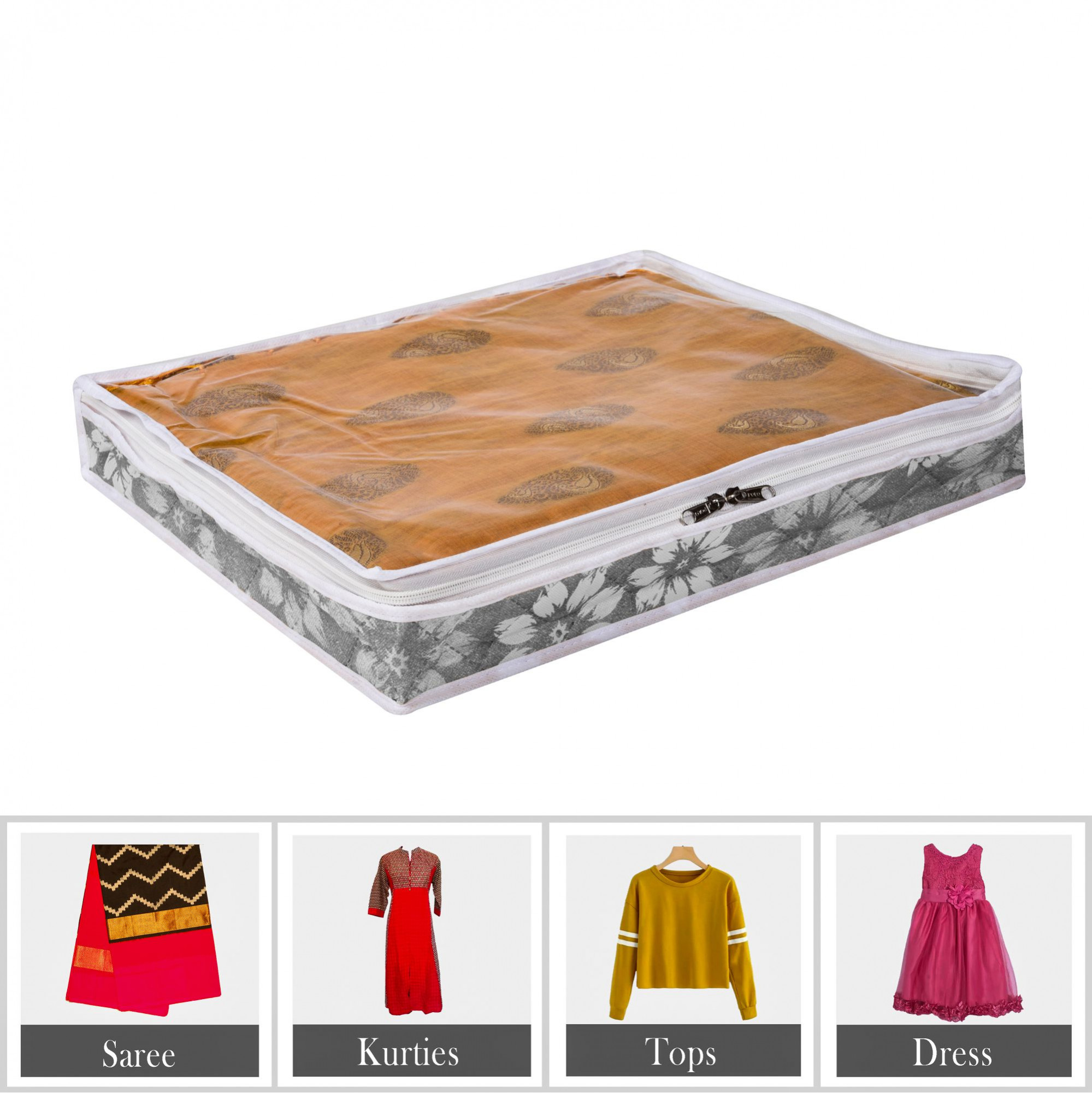 Kuber Industries Saree Storage Bag  Waterproof Saree Bag  Wardrobe Storage Bag  Top Visible Window Saree Bag  Cloth Organizer  Flower Quilted Storage Bag  3 Inch  Pack of 2  Gray