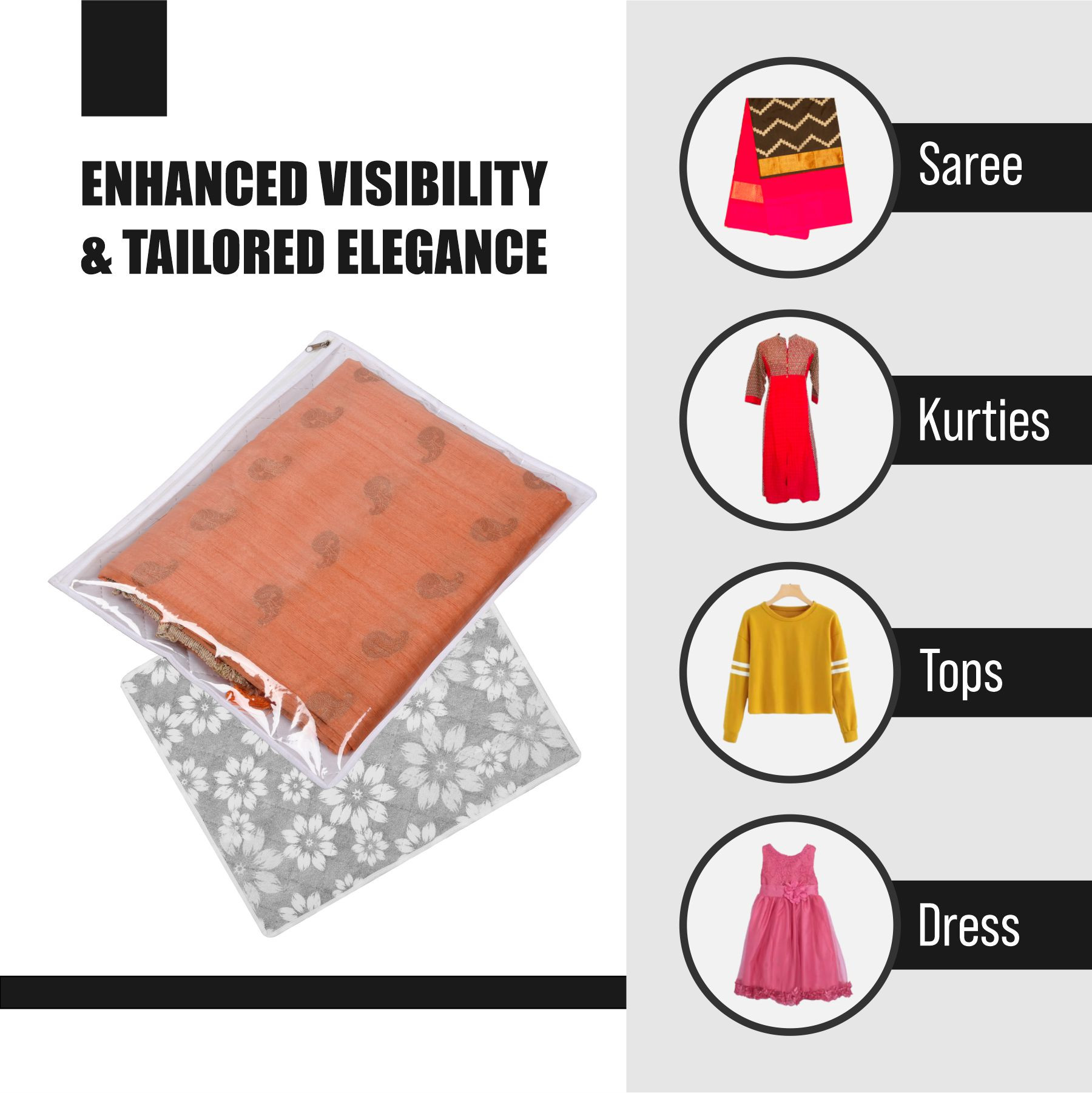 Kuber Industries Saree Storage Bag | Waterproof Saree Bag | Wardrobe Storage Bag | Top Visible Window Saree Bag | Single Packing Cloth Bag | Flower Quilted Storage Bag |Gray