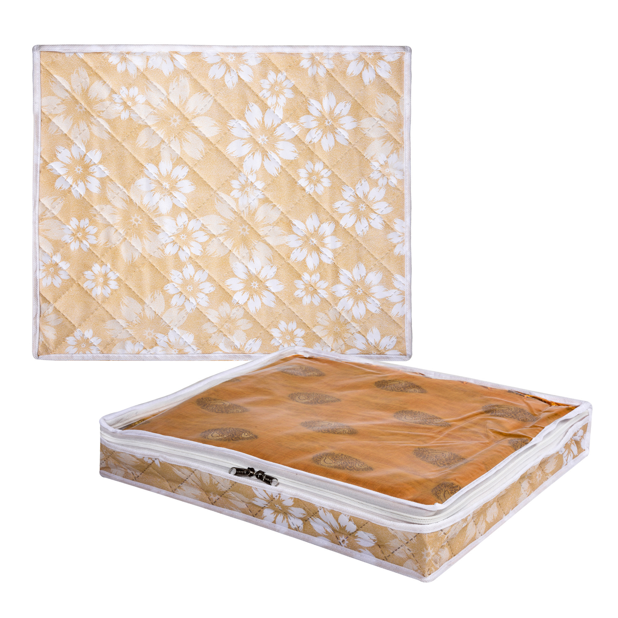 Kuber Industries Saree Storage Bag | Waterproof Saree Bag | Wardrobe Storage Bag | Top Visible Window Saree Bag | Cloth Organizer | Flower Quilted Storage Bag | 3 Inch |Golden