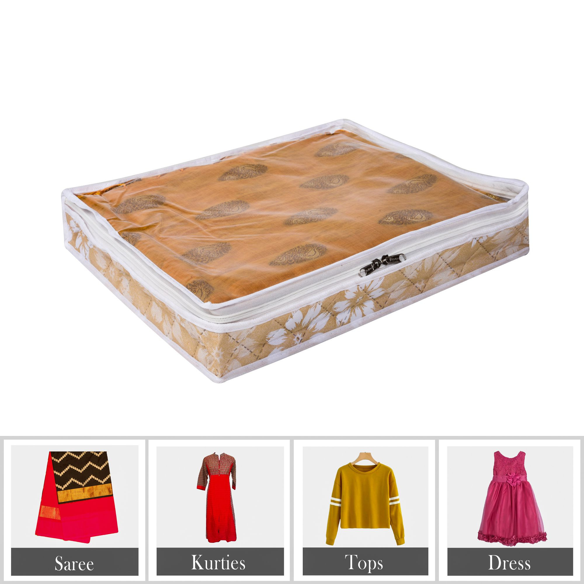 Kuber Industries Saree Storage Bag | Waterproof Saree Bag | Wardrobe Storage Bag | Top Visible Window Saree Bag | Cloth Organizer | Flower Quilted Storage Bag | 3 Inch |Golden