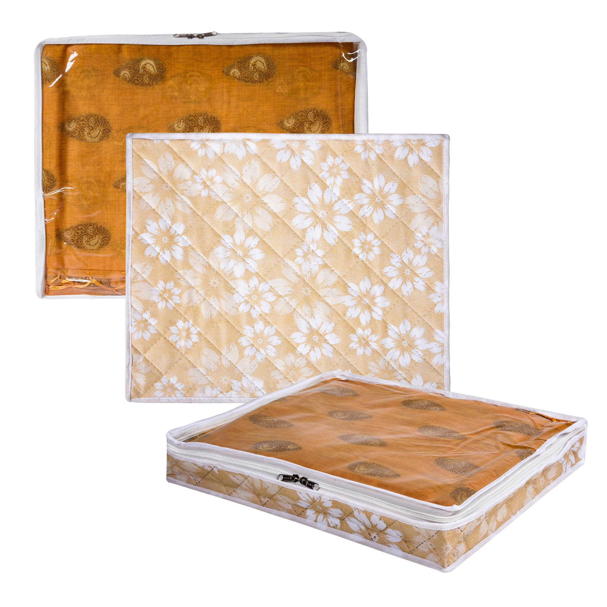 Kuber Industries Saree Storage Bag | Waterproof Saree Bag | Wardrobe Storage Bag | Top Visible Window Saree Bag | Cloth Organizer | Flower Quilted Storage Bag | 3 Inch |Golden