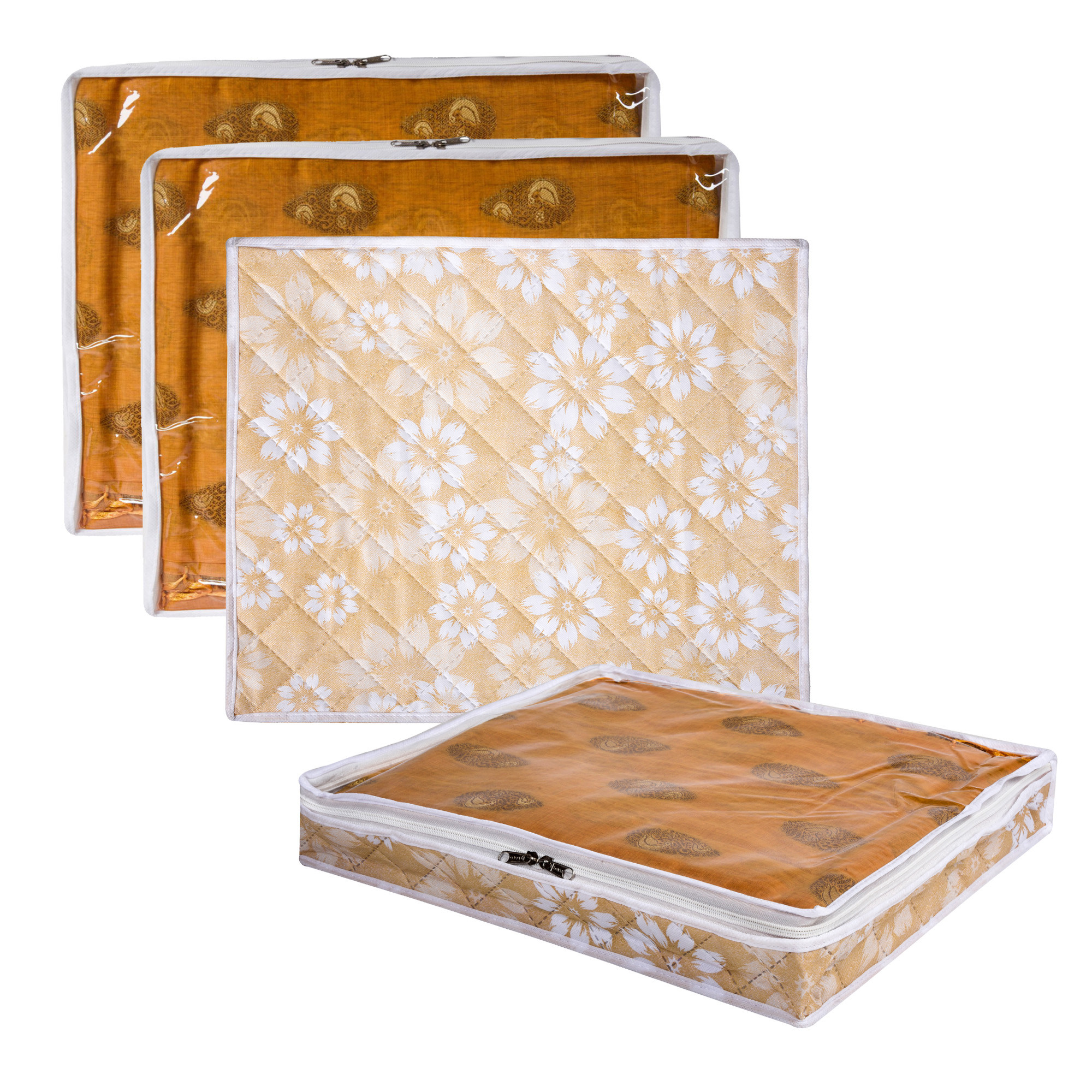 Kuber Industries Saree Storage Bag | Waterproof Saree Bag | Wardrobe Storage Bag | Top Visible Window Saree Bag | Cloth Organizer | Flower Quilted Storage Bag | 3 Inch |Golden
