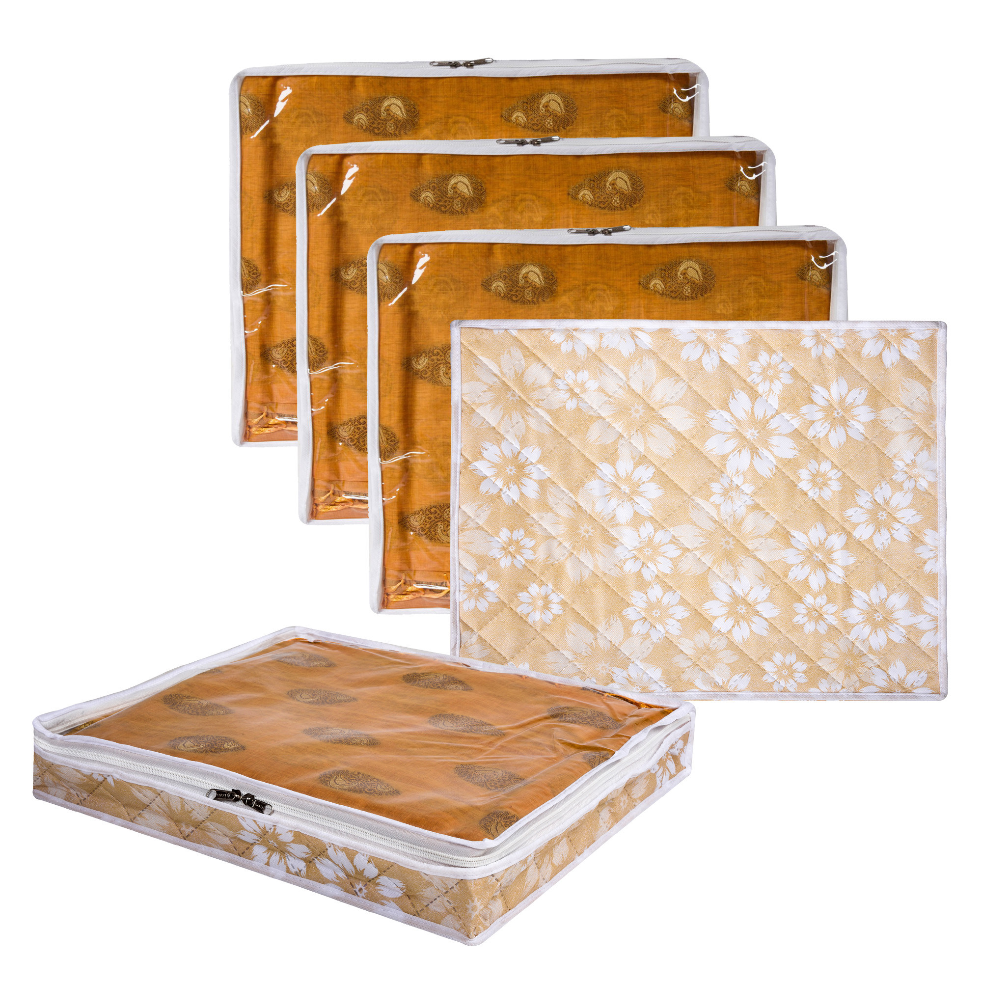 Kuber Industries Saree Storage Bag | Waterproof Saree Bag | Wardrobe Storage Bag | Top Visible Window Saree Bag | Cloth Organizer | Flower Quilted Storage Bag | 3 Inch |Golden