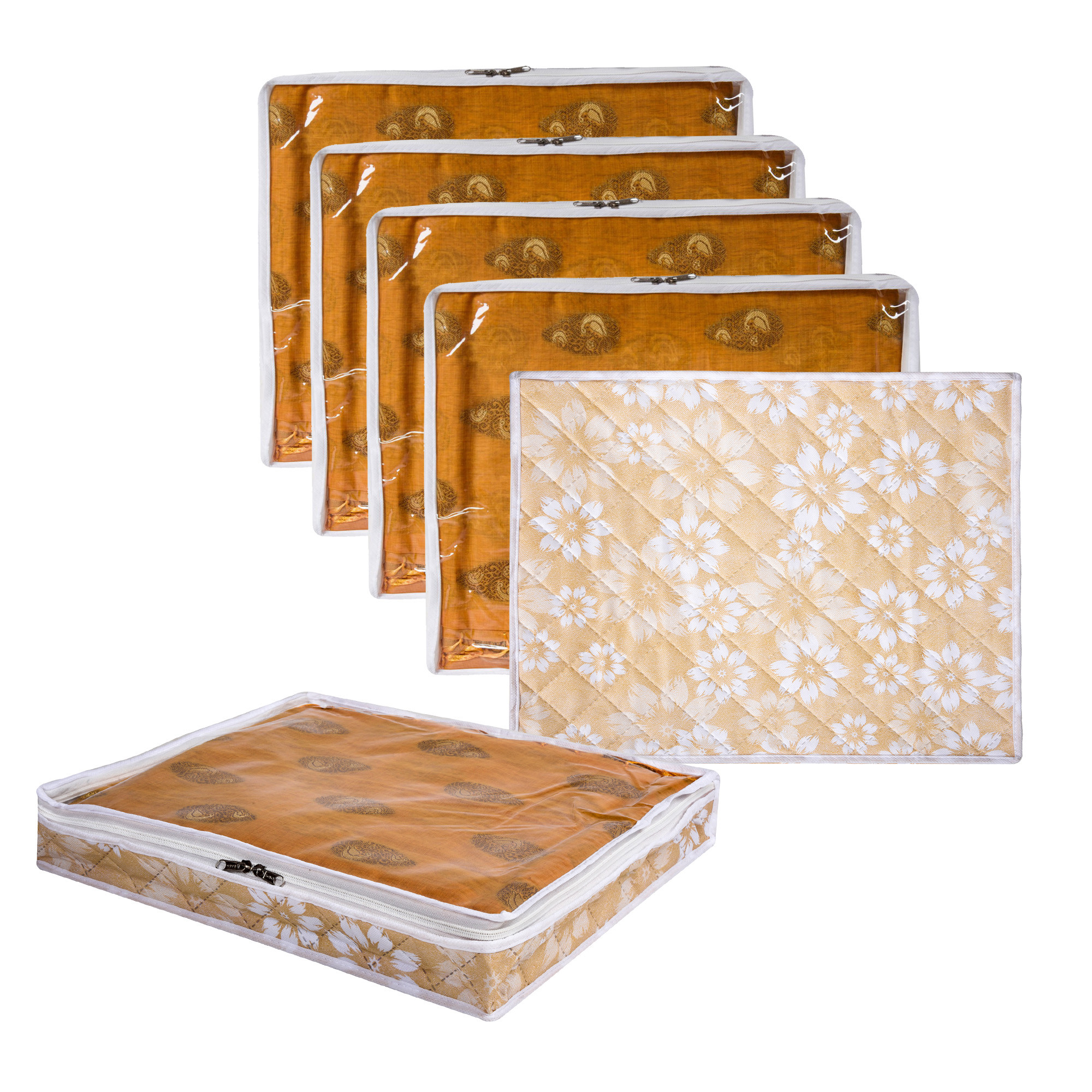 Kuber Industries Saree Storage Bag | Waterproof Saree Bag | Wardrobe Storage Bag | Top Visible Window Saree Bag | Cloth Organizer | Flower Quilted Storage Bag | 3 Inch |Golden