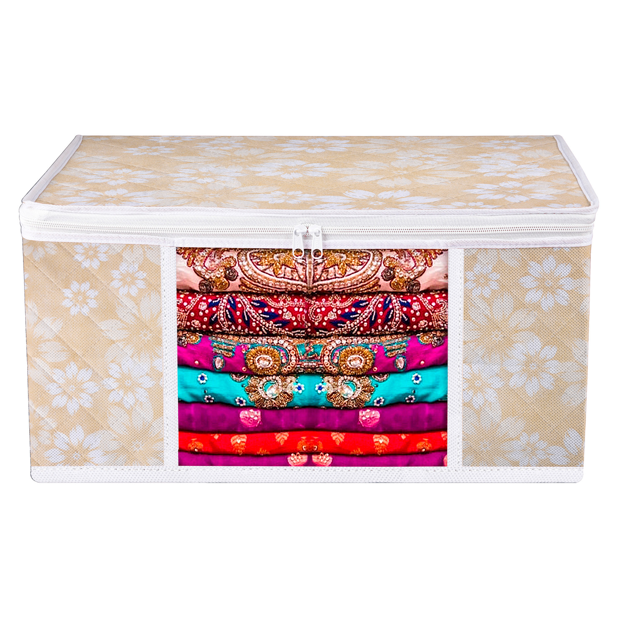 Kuber Industries Saree Storage Bag  Waterproof Saree Bag  Wardrobe Storage Bag  Visible Window Saree Bag  Cloth Organizer  Flower Quilted Storage Bag  9 Inch  Golden