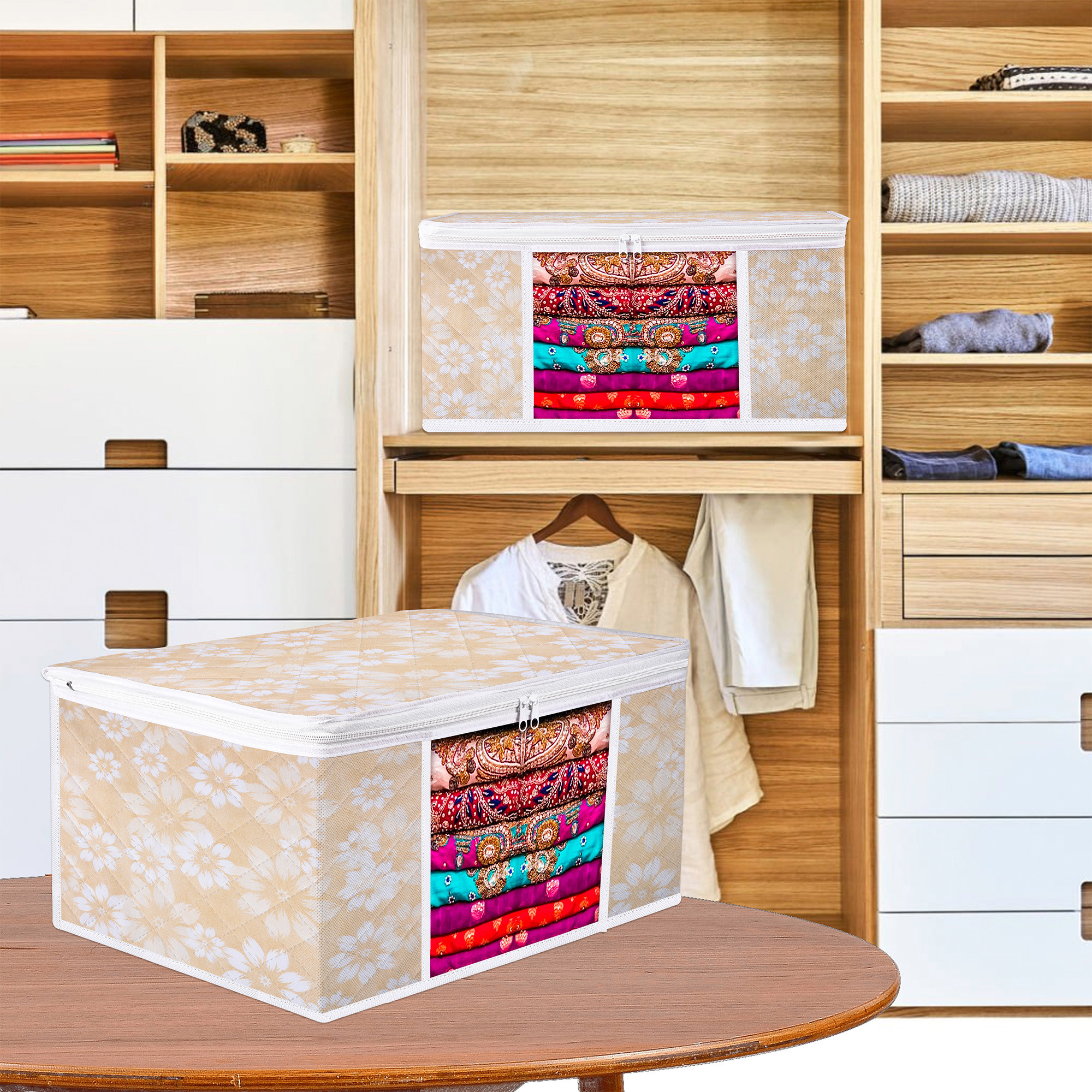 Kuber Industries Saree Storage Bag  Waterproof Saree Bag  Wardrobe Storage Bag  Visible Window Saree Bag  Cloth Organizer  Flower Quilted Storage Bag  9 Inch  Golden