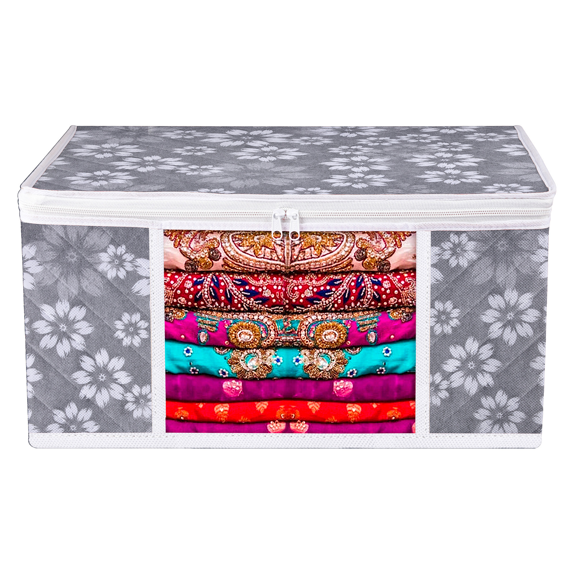 Kuber Industries Saree Storage Bag  Waterproof Saree Bag  Wardrobe Storage Bag  Visible Window Saree Bag  Cloth Organizer  Flower Quilted Storage Bag  9 Inch  Gray