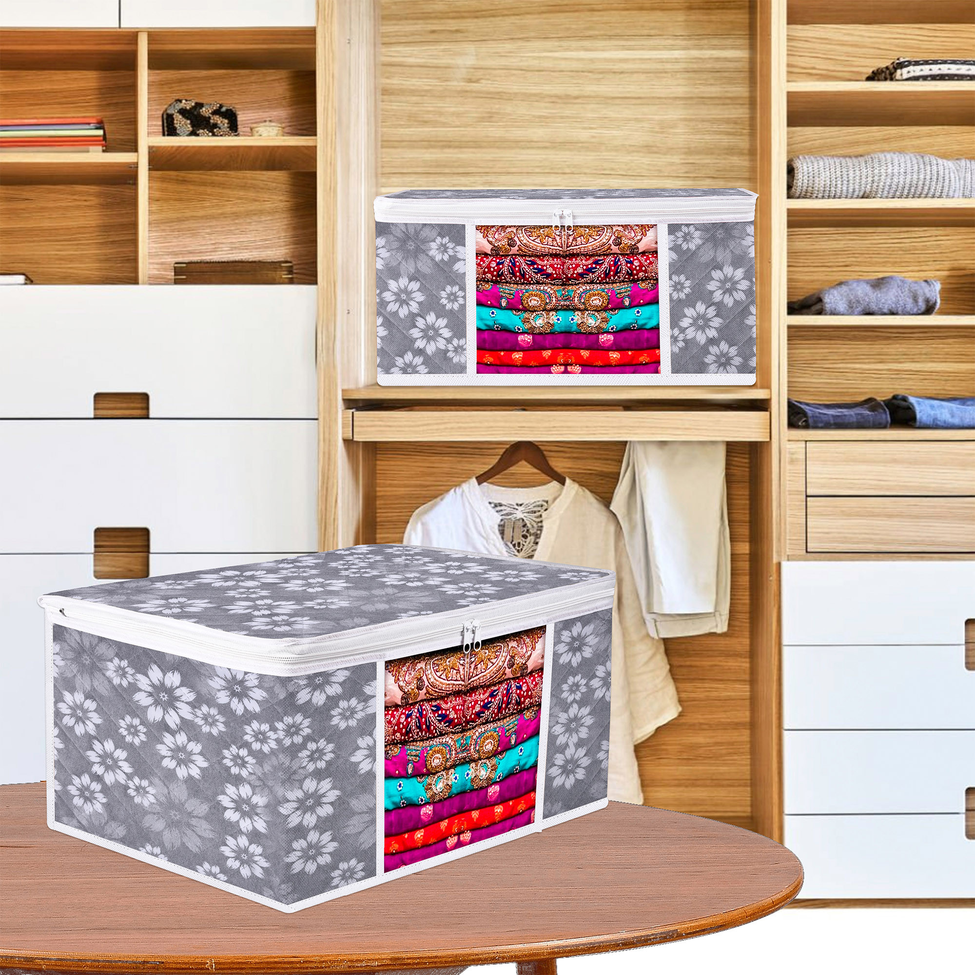 Kuber Industries Saree Storage Bag  Waterproof Saree Bag  Wardrobe Storage Bag  Visible Window Saree Bag  Cloth Organizer  Flower Quilted Storage Bag  9 Inch  Gray