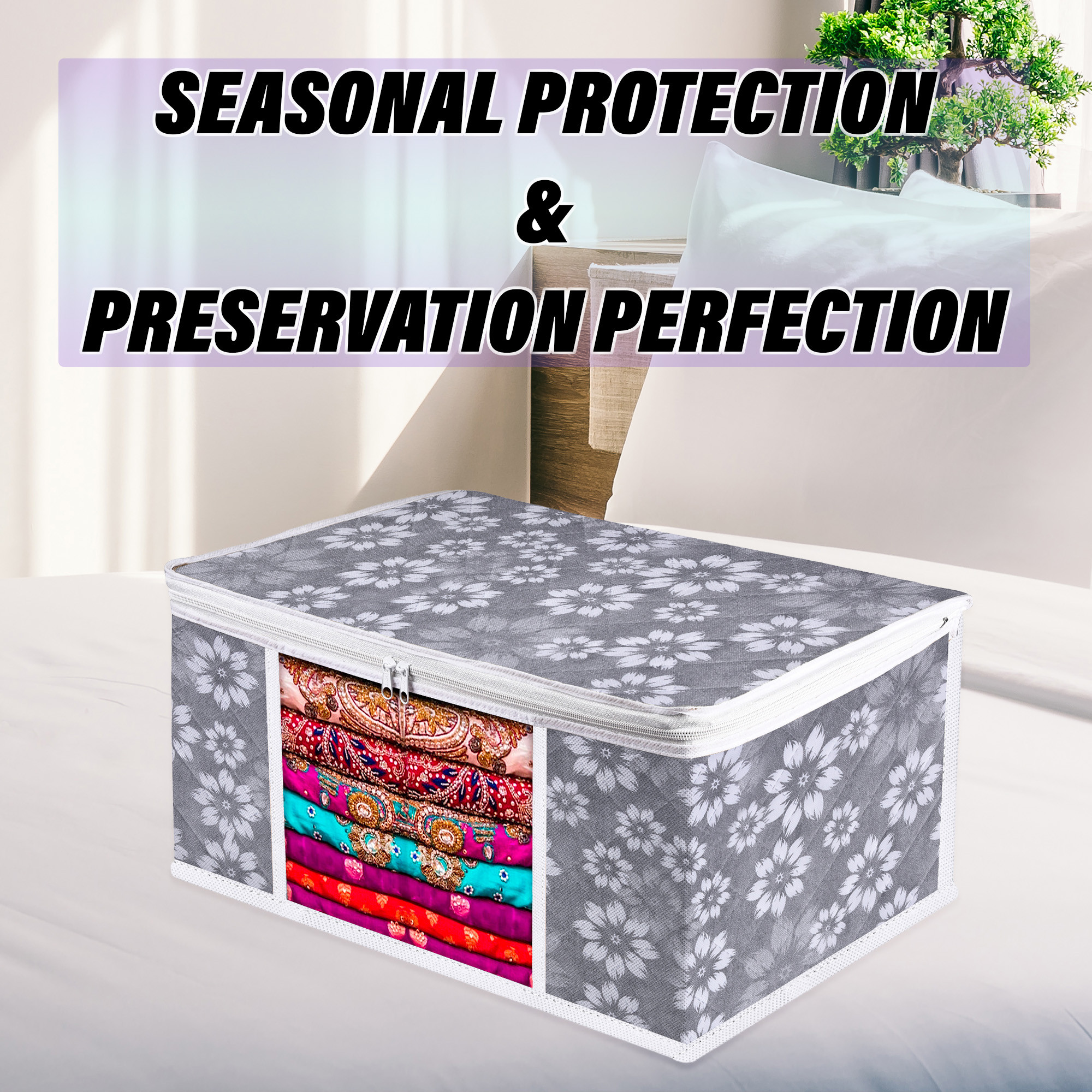 Kuber Industries Saree Storage Bag  Waterproof Saree Bag  Wardrobe Storage Bag  Visible Window Saree Bag  Cloth Organizer  Flower Quilted Storage Bag  9 Inch  Gray