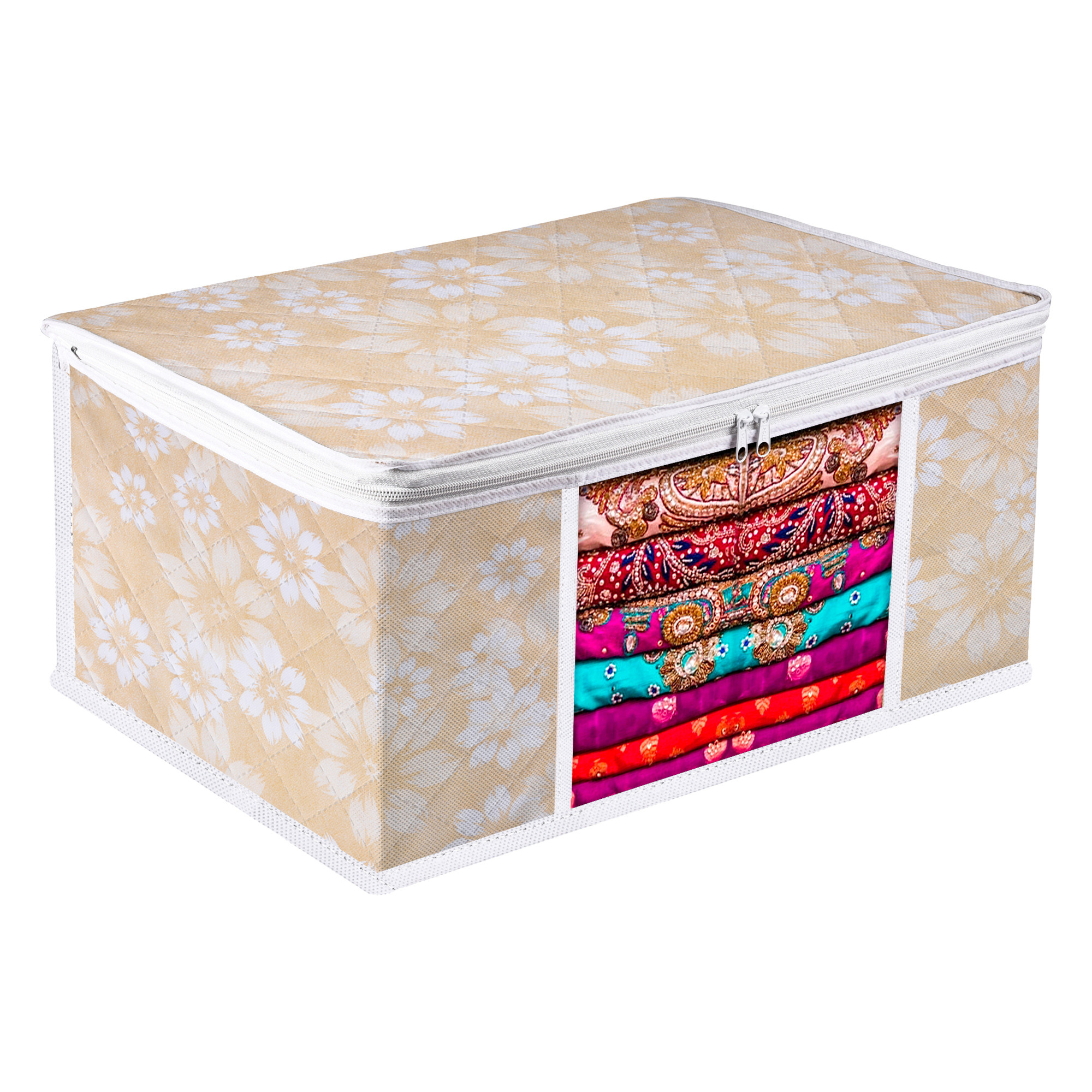 Kuber Industries Saree Storage Bag | Waterproof Saree Bag | Wardrobe Storage Bag | Visible Window Saree Bag | Cloth Organizer | Flower Quilted Storage Bag | 9 Inch | Golden