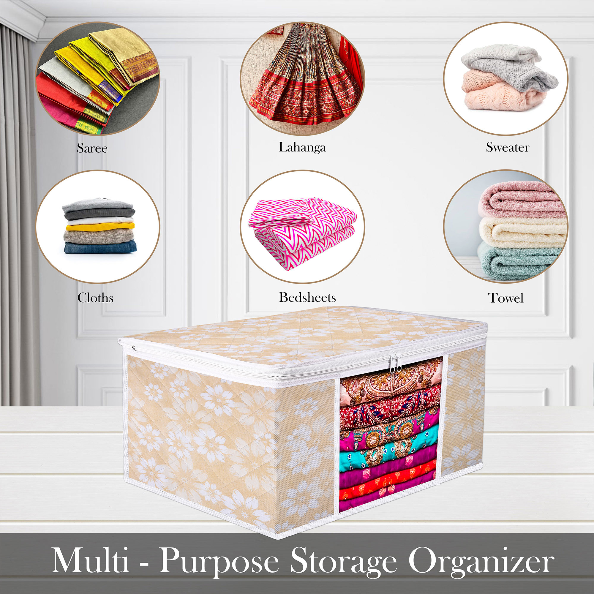 Kuber Industries Saree Storage Bag | Waterproof Saree Bag | Wardrobe Storage Bag | Visible Window Saree Bag | Cloth Organizer | Flower Quilted Storage Bag | 9 Inch | Golden