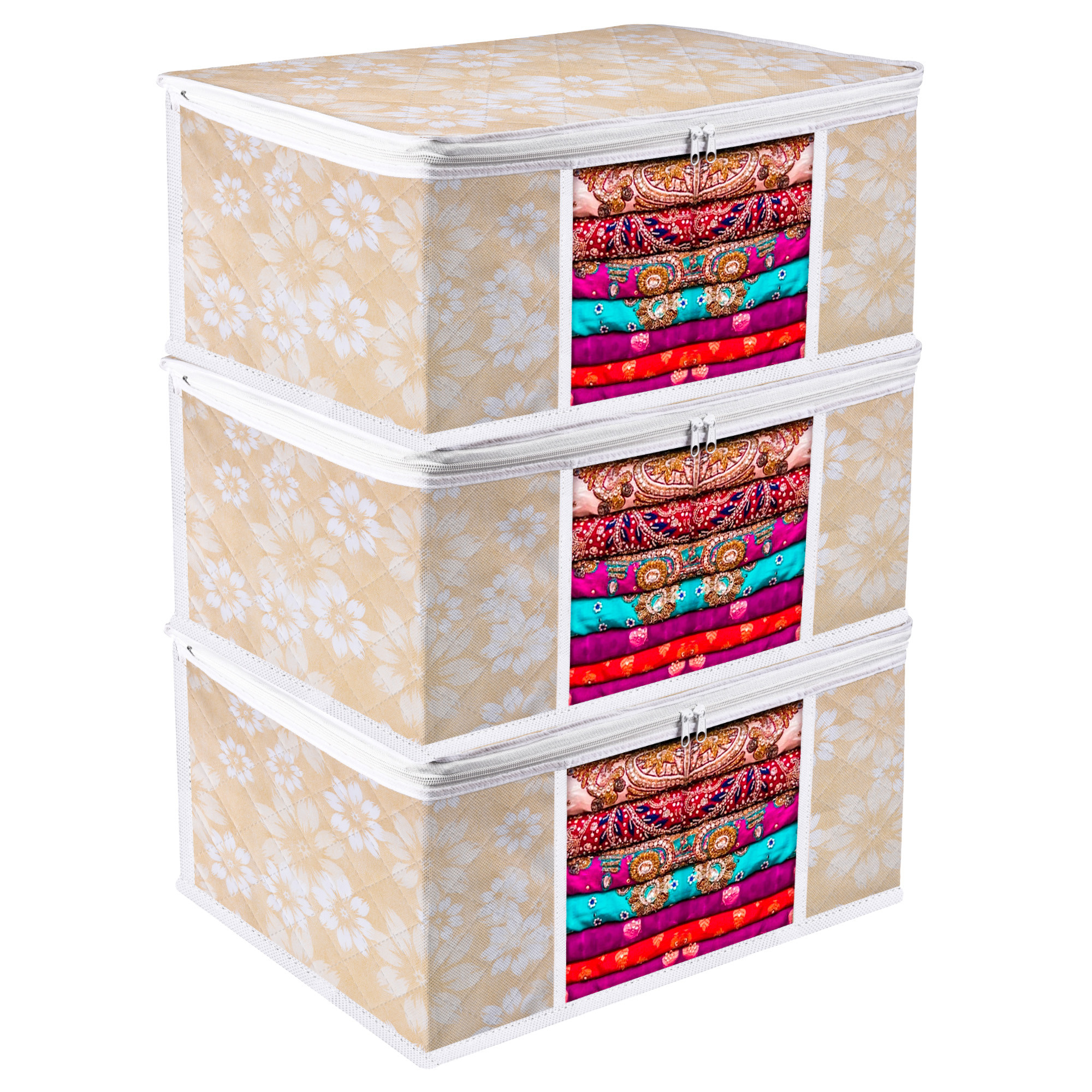 Kuber Industries Saree Storage Bag | Waterproof Saree Bag | Wardrobe Storage Bag | Visible Window Saree Bag | Cloth Organizer | Flower Quilted Storage Bag | 9 Inch | Golden
