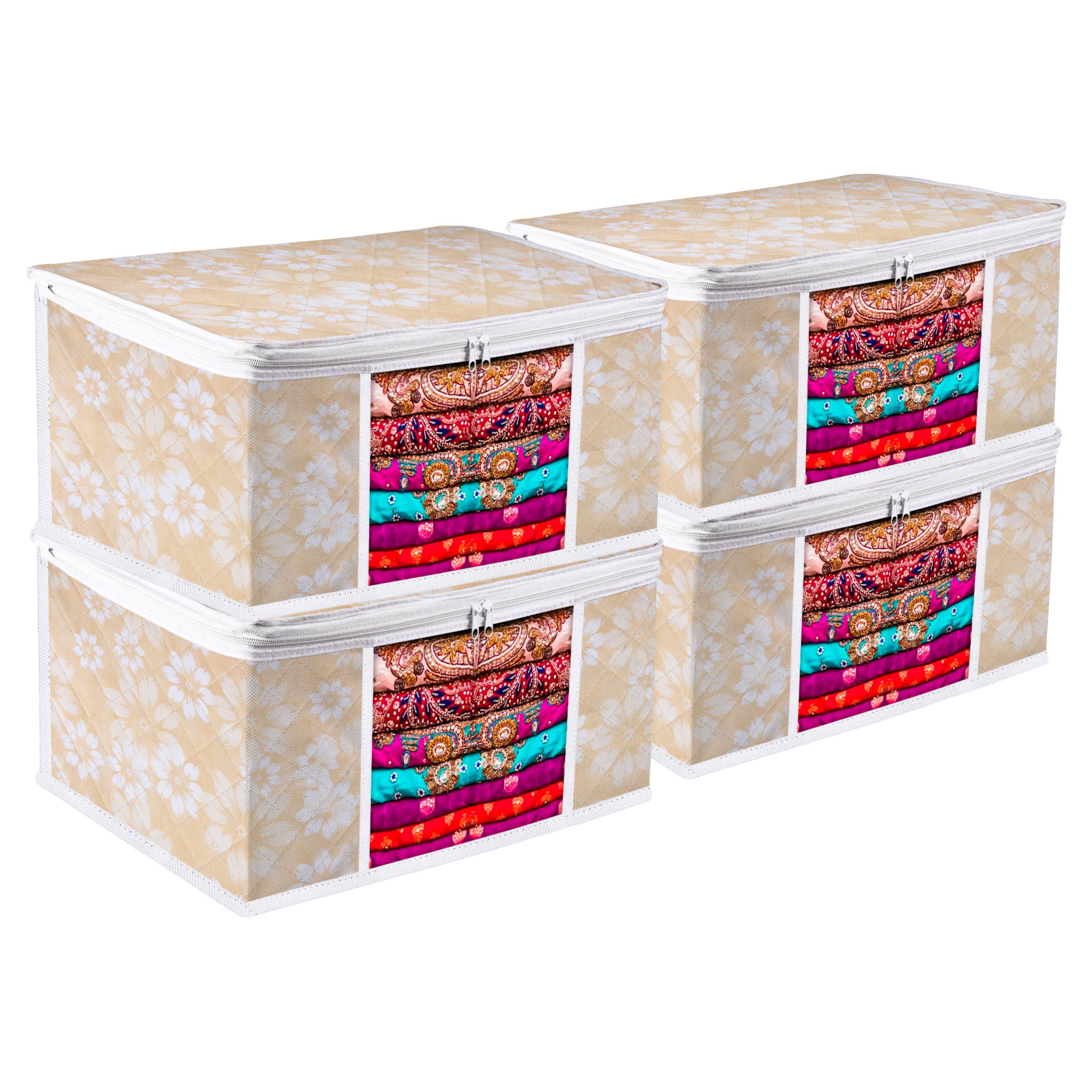 Kuber Industries Saree Storage Bag | Waterproof Saree Bag | Wardrobe Storage Bag | Visible Window Saree Bag | Cloth Organizer | Flower Quilted Storage Bag | 9 Inch | Golden