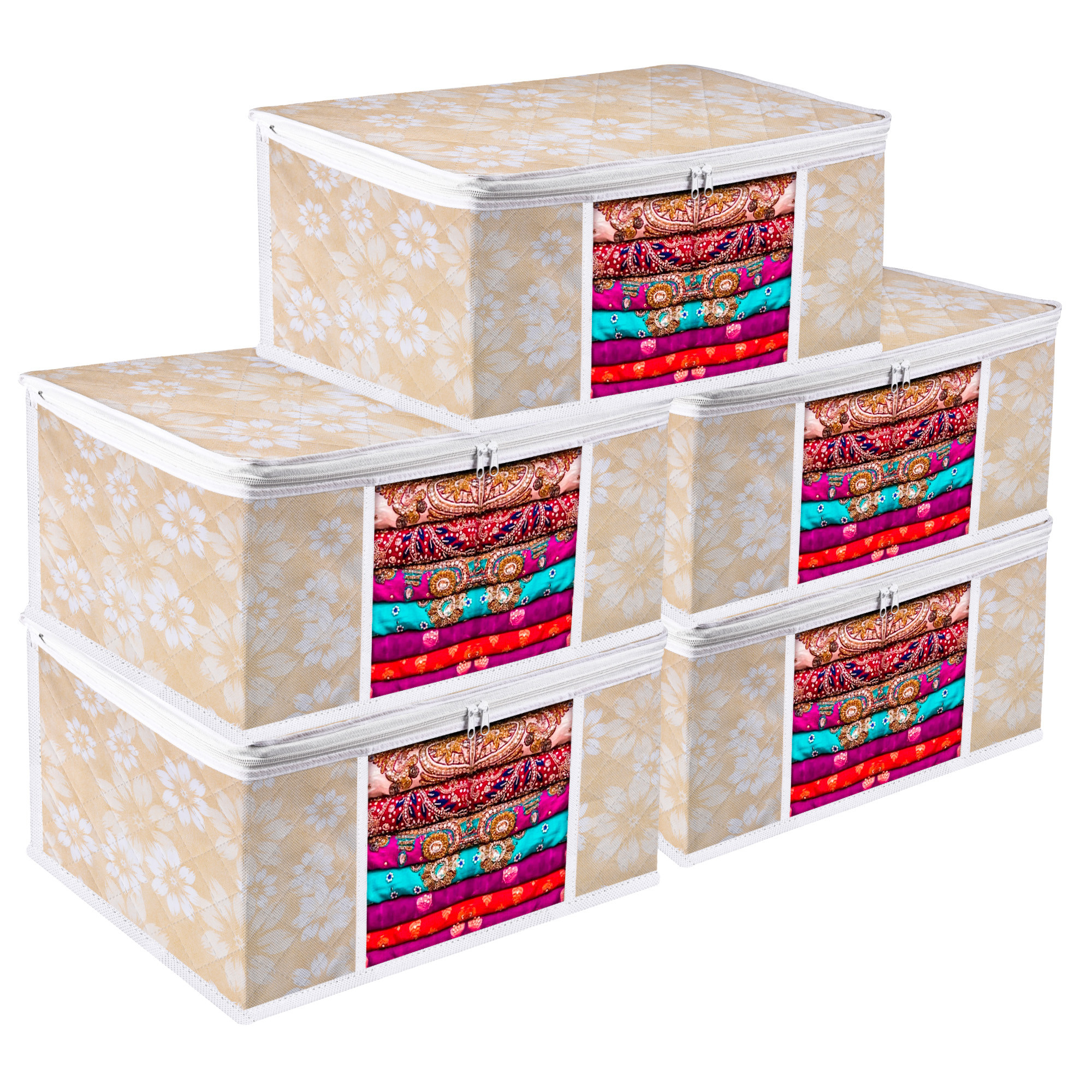 Kuber Industries Saree Storage Bag | Waterproof Saree Bag | Wardrobe Storage Bag | Visible Window Saree Bag | Cloth Organizer | Flower Quilted Storage Bag | 9 Inch | Golden