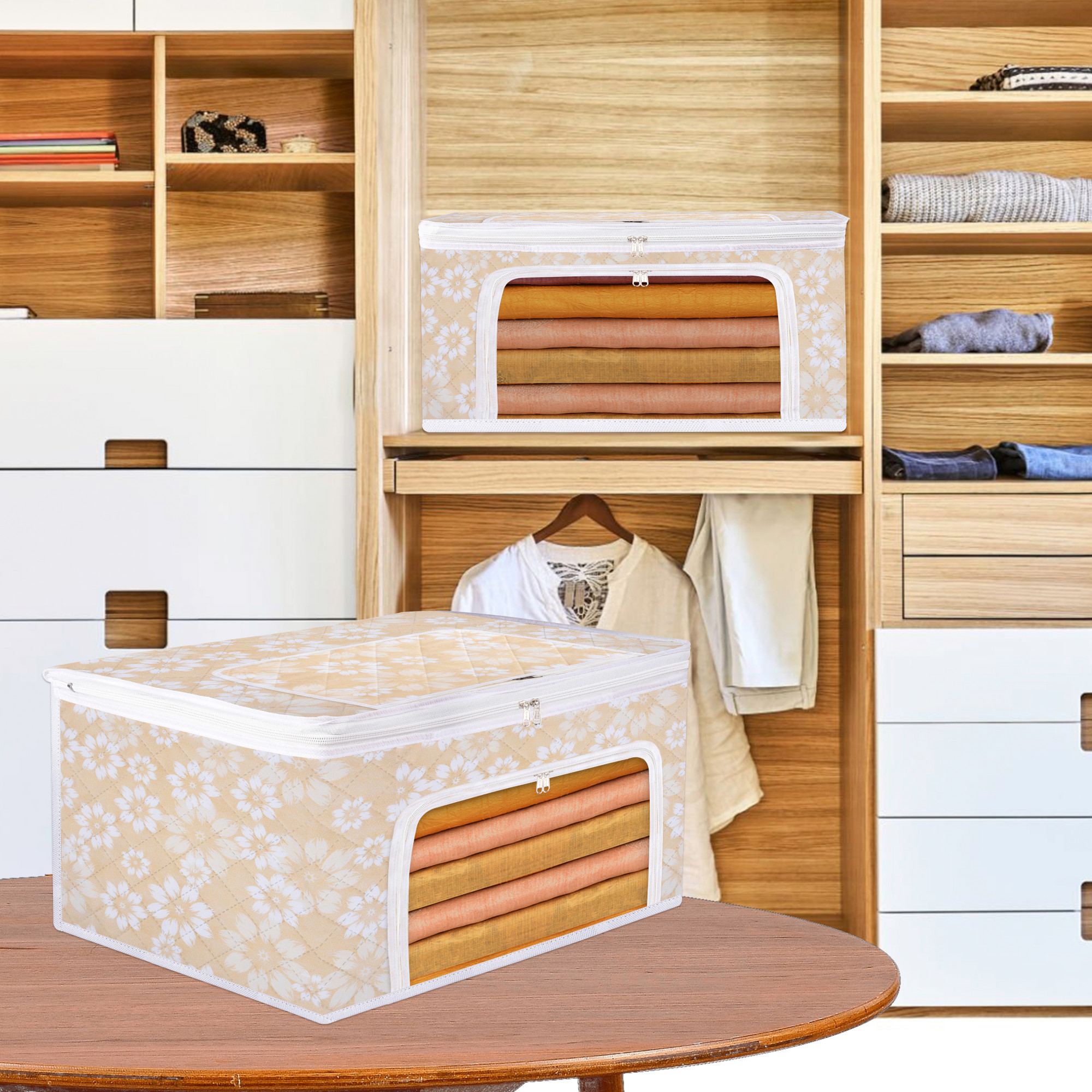 Kuber Industries Saree Storage Bag  Waterproof Storage Box  Saree Cover for Woman  Wardrobe Organizer for Clothes  Front Zip Compartments with Window  Flower Quilted  Golden