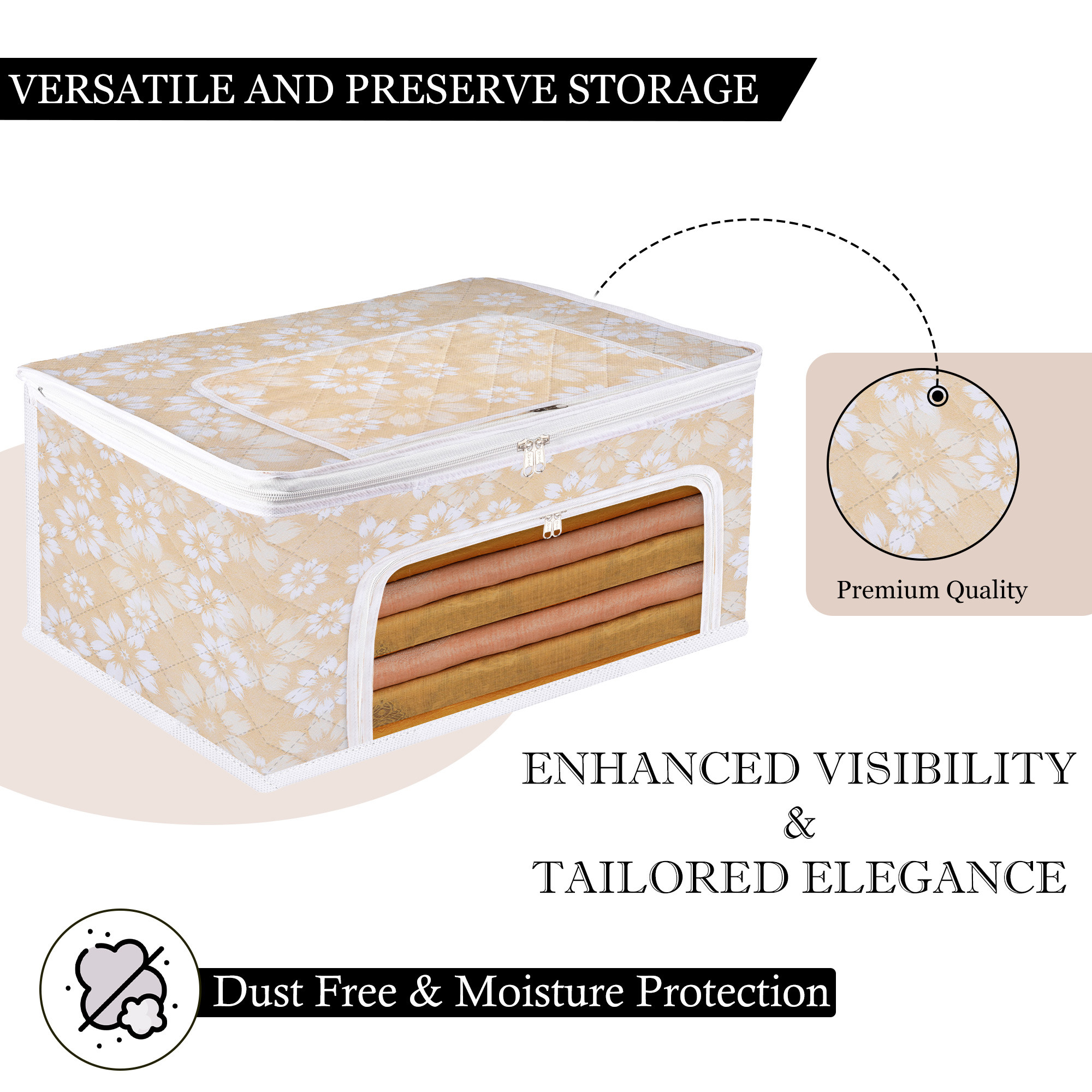 Kuber Industries Saree Storage Bag  Waterproof Storage Box  Saree Cover for Woman  Wardrobe Organizer for Clothes  Front Zip Compartments with Window  Flower Quilted  Golden