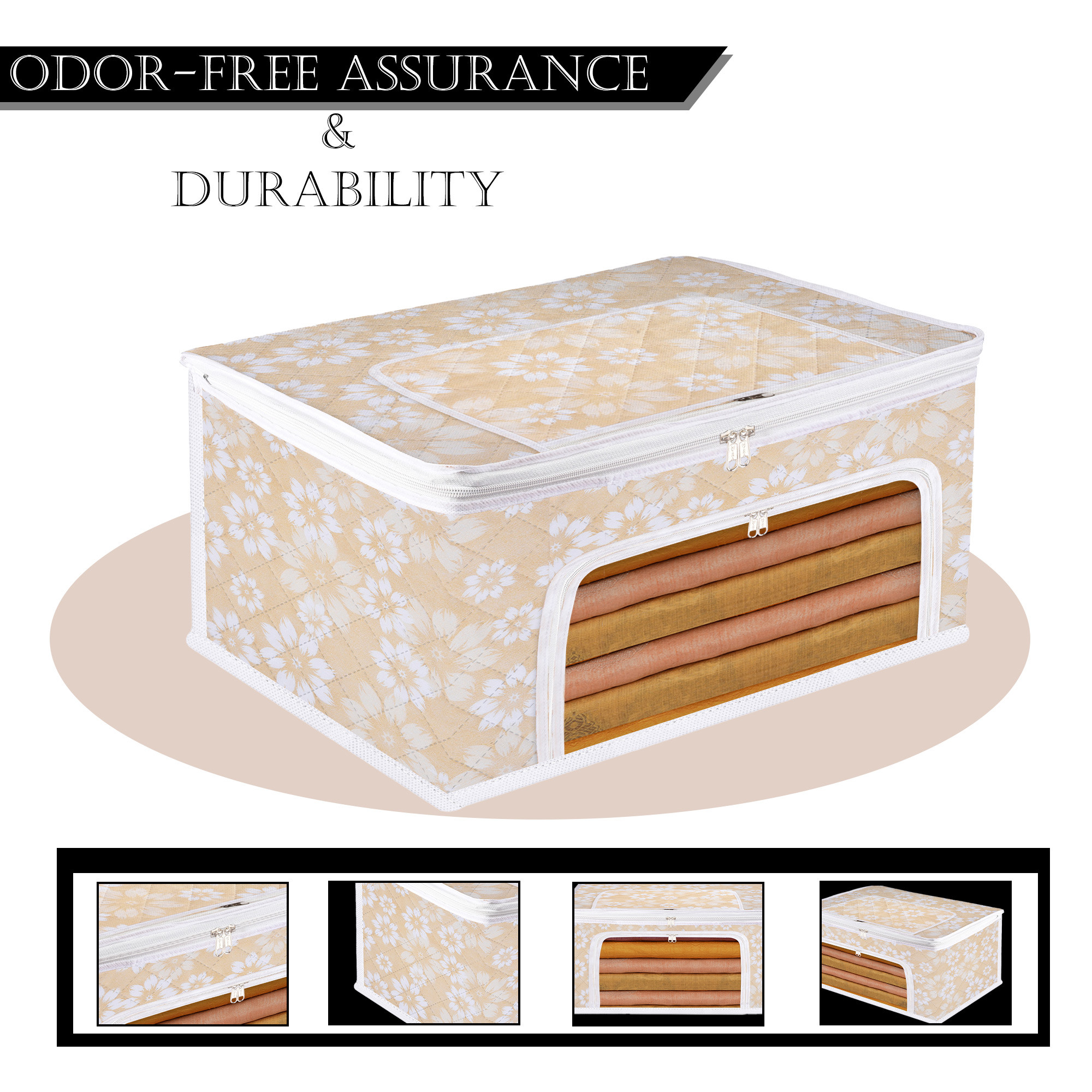 Kuber Industries Saree Storage Bag  Waterproof Storage Box  Saree Cover for Woman  Wardrobe Organizer for Clothes  Front Zip Compartments with Window  Flower Quilted  Golden