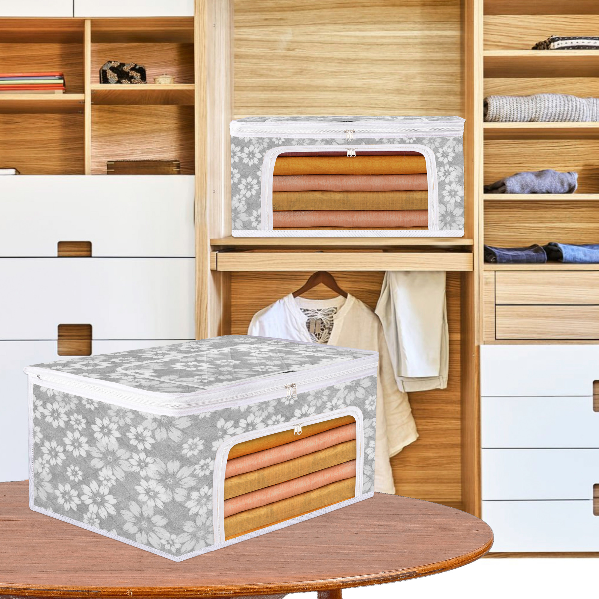 Kuber Industries Saree Storage Bag  Waterproof Storage Box  Saree Cover for Woman  Wardrobe Organizer for Clothes  Front Zip Compartments with Window  Flower Quilted  Gray