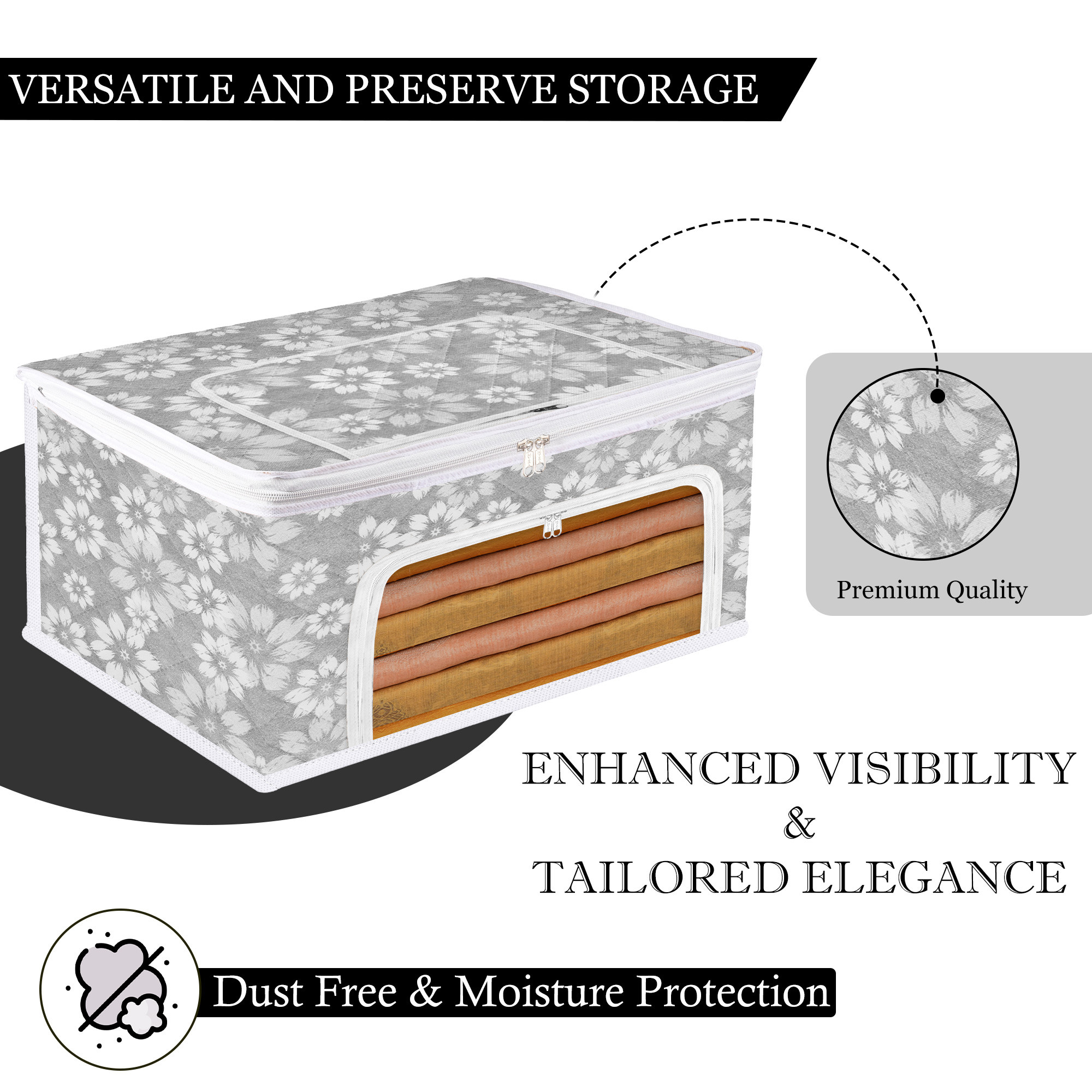 Kuber Industries Saree Storage Bag  Waterproof Storage Box  Saree Cover for Woman  Wardrobe Organizer for Clothes  Front Zip Compartments with Window  Flower Quilted  Gray