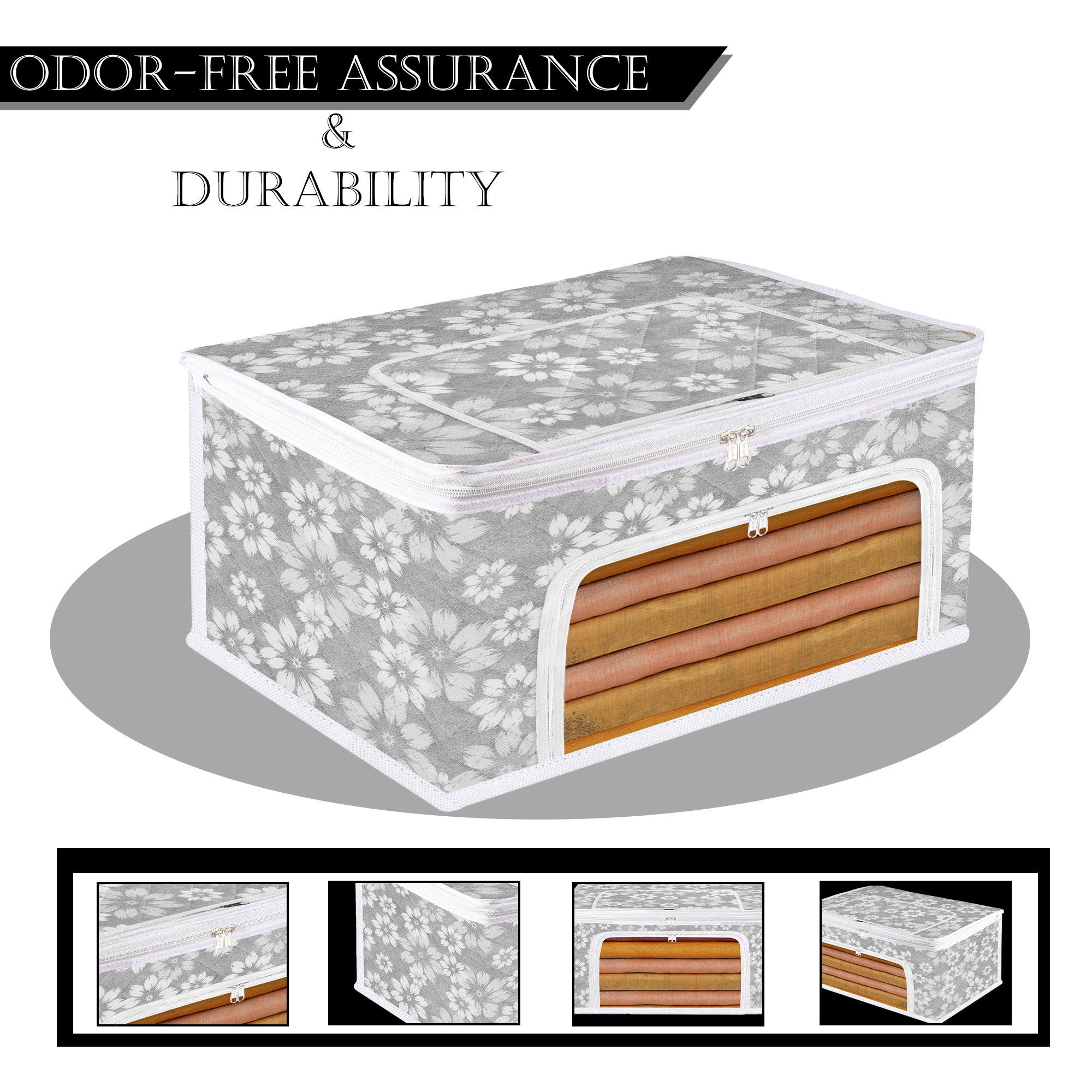 Kuber Industries Saree Storage Bag  Waterproof Storage Box  Saree Cover for Woman  Wardrobe Organizer for Clothes  Front Zip Compartments with Window  Flower Quilted  Gray