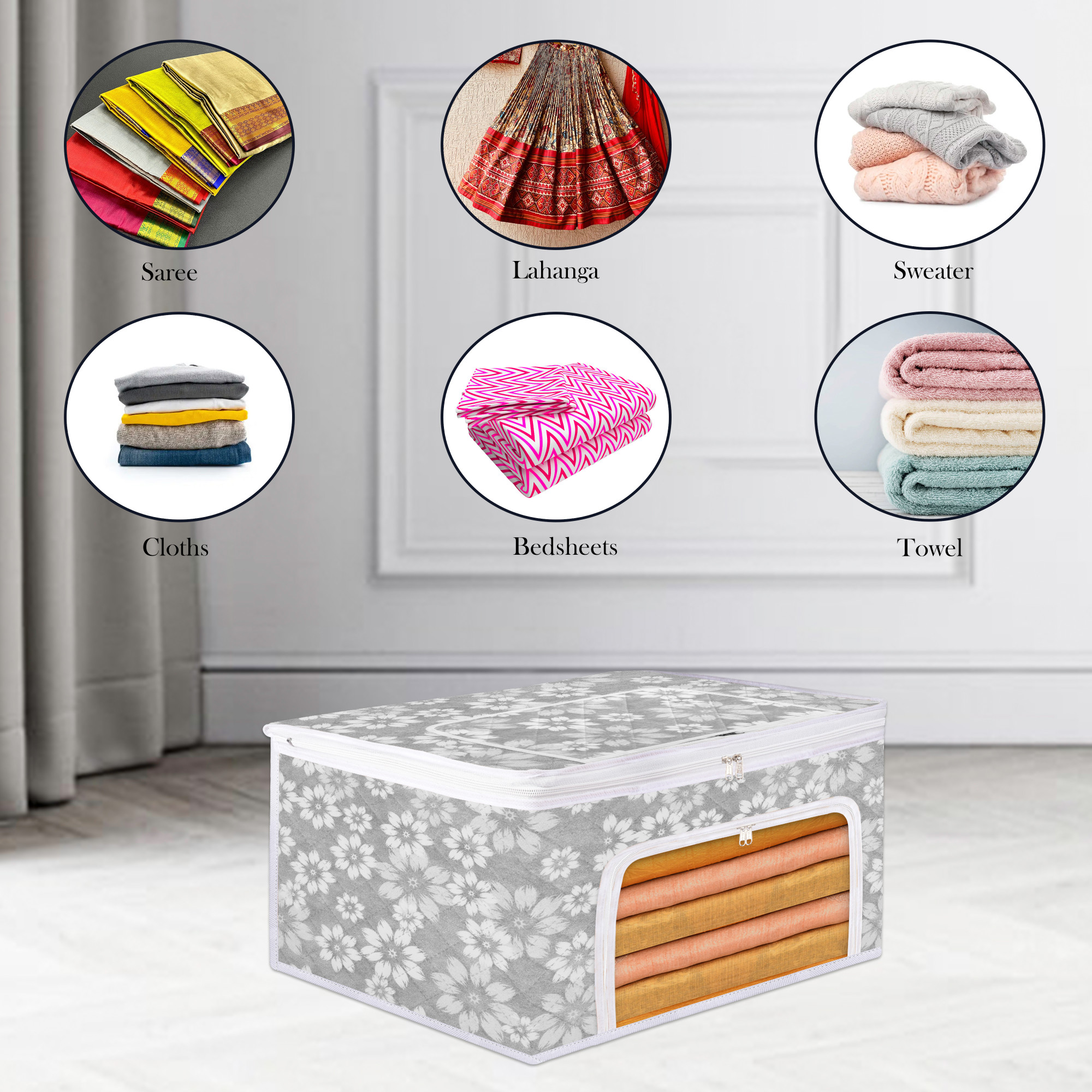 Kuber Industries Saree Storage Bag  Waterproof Storage Box  Saree Cover for Woman  Wardrobe Organizer for Clothes  Front Zip Compartments with Window  Flower Quilted  Gray