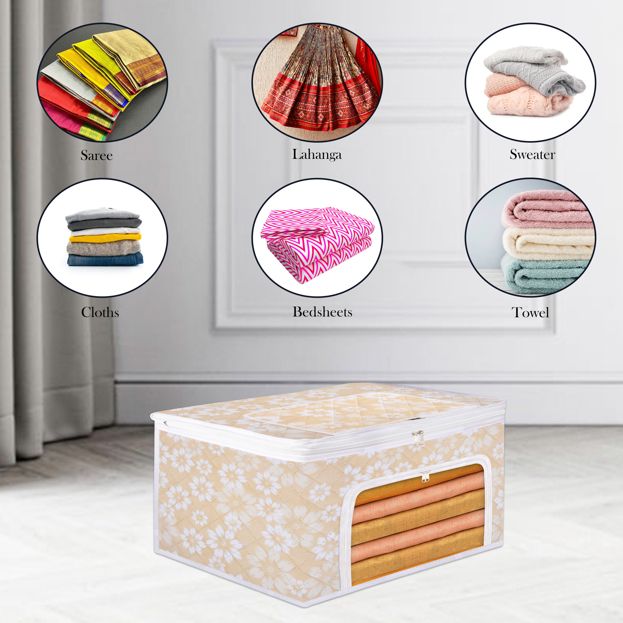 Kuber Industries Saree Storage Bag  Waterproof Storage Box  Saree Cover for Woman  Wardrobe Organizer for Clothes  Front Zip Compartments with Window  Flower Quilted  Golden