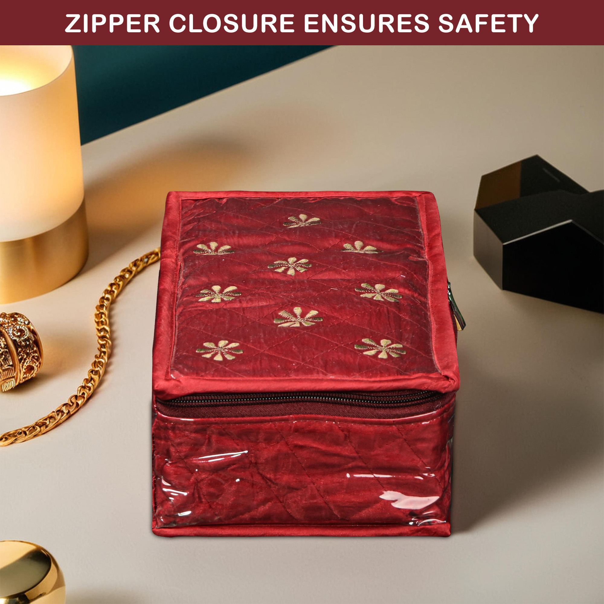 Kuber Industries Satan Jewellery Organisers Pouch for Women with 5 Compartment  1 Bangle Holder  Lightweight Jewellery Kit for Necklace  Rings  Embroidery Design - Maroon